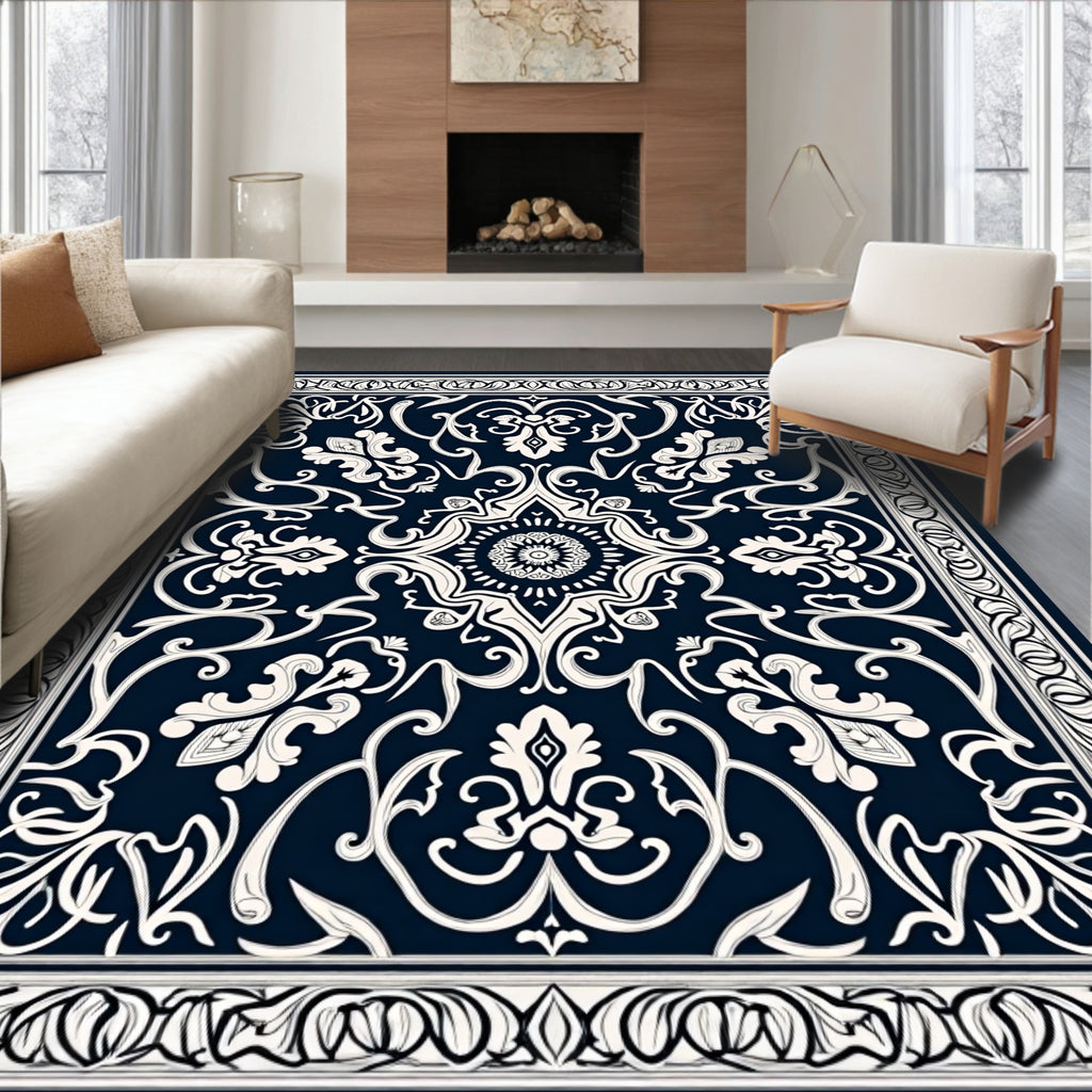 Classic Navy Cream Floral Pattern Rug