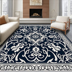 Classic Navy Cream Floral Pattern Rug