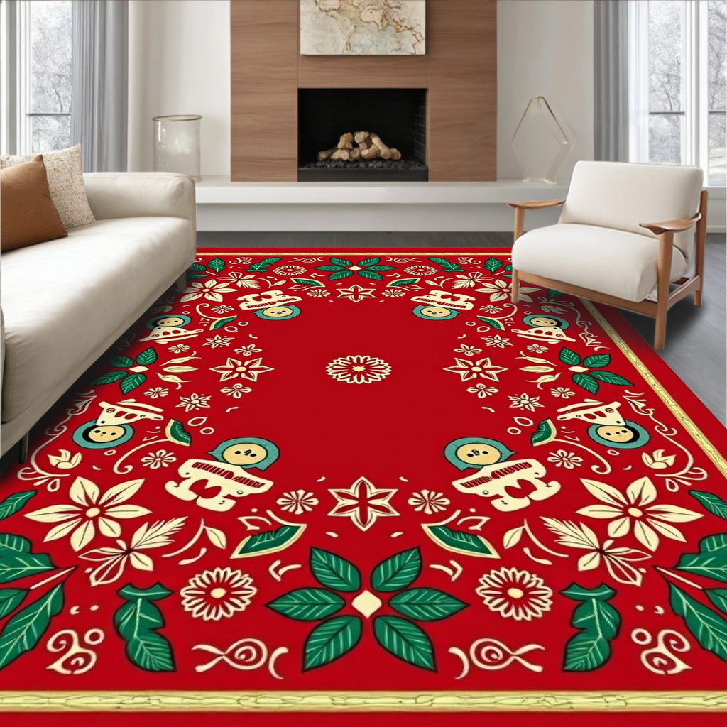 Red Christmas Poinsettia Snowman Border Rug