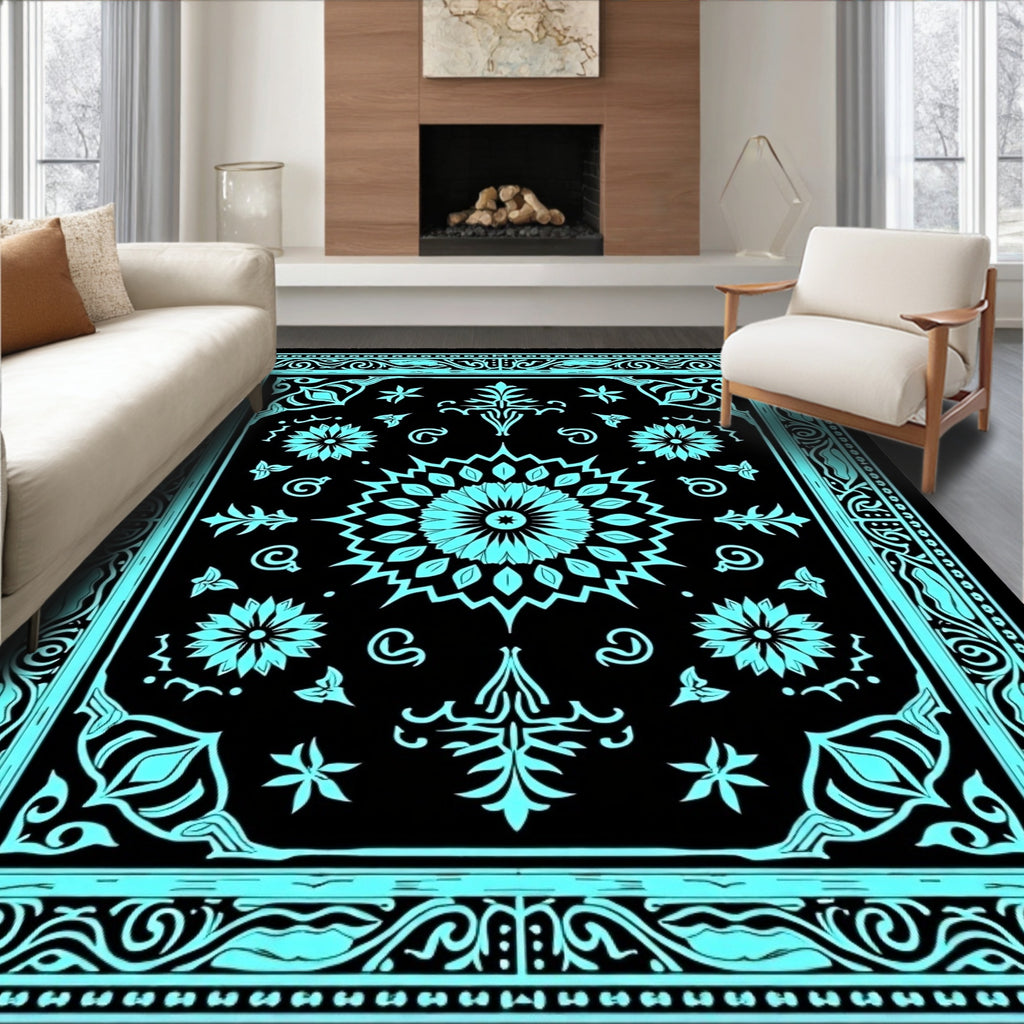 Cyan Floral Mandala Pattern Rug