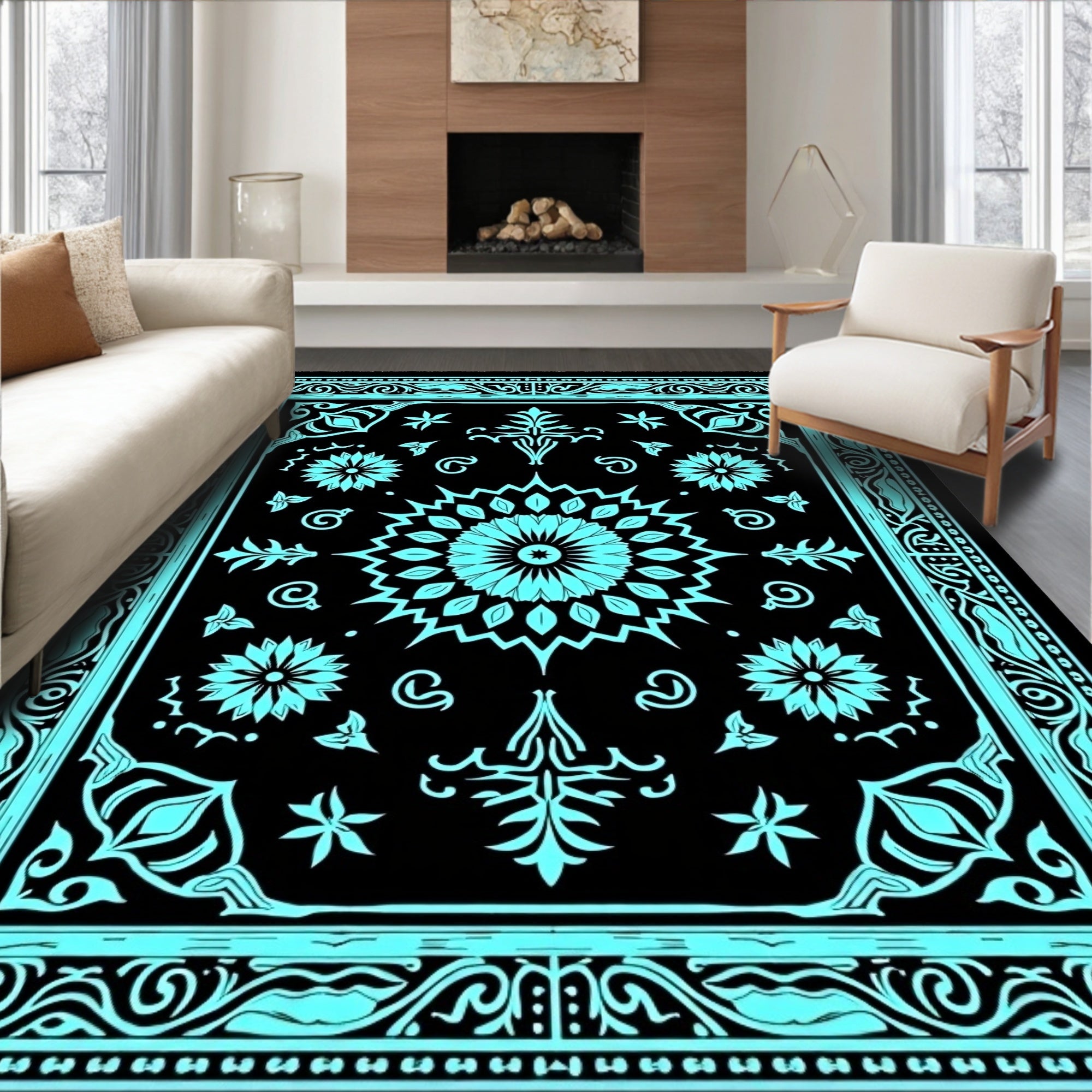Cyan Floral Mandala Pattern Rug