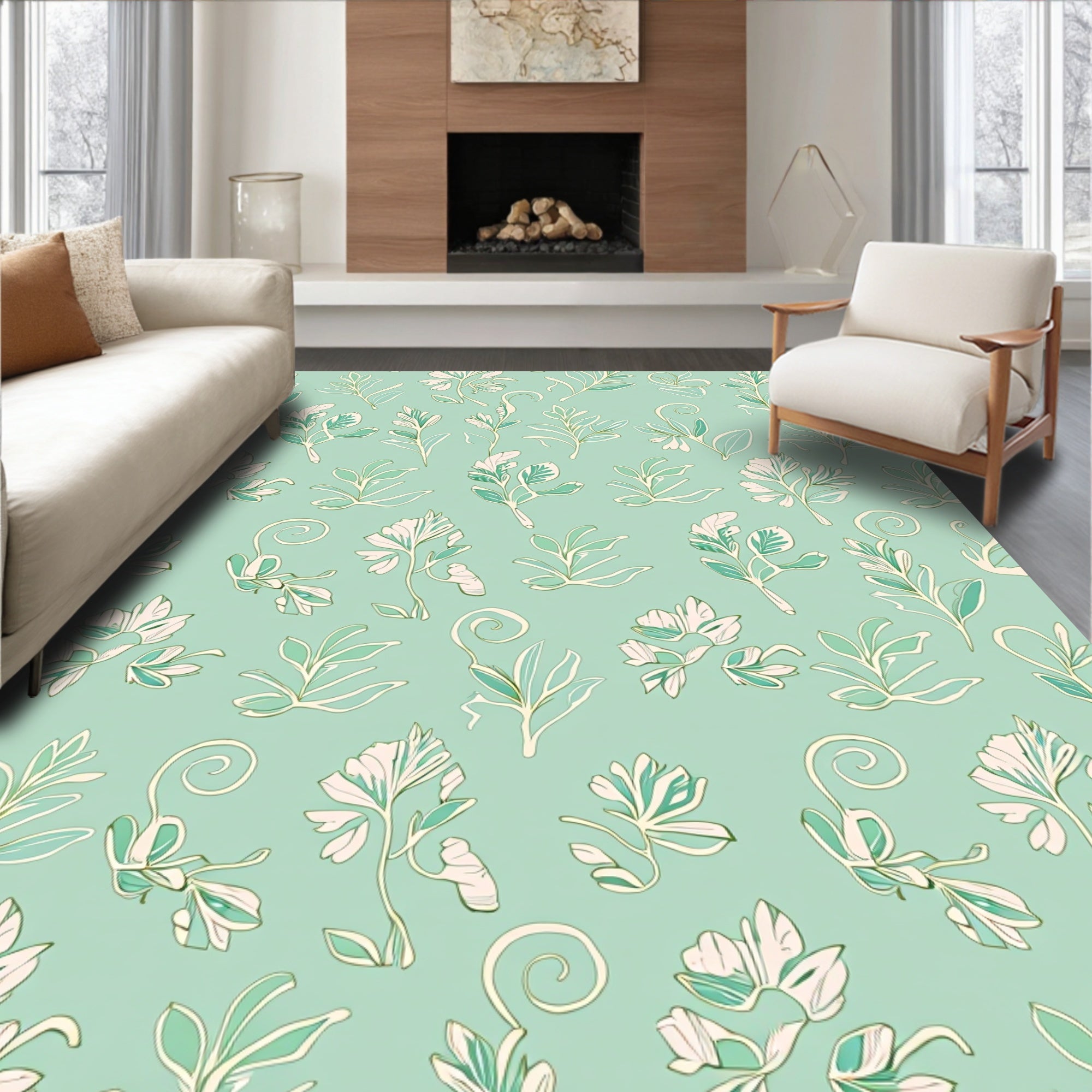 Mint Green Botanical Outline Design Rug
