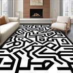 Black White Abstract Geometric Maze Pattern Rug