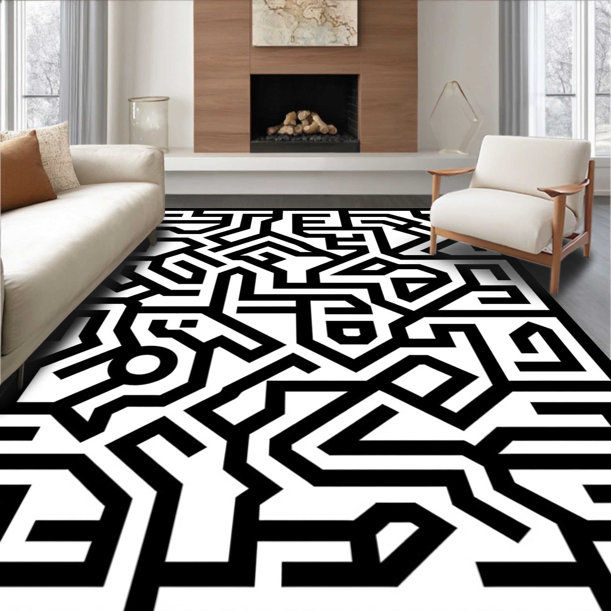 Black White Abstract Geometric Maze Pattern Rug