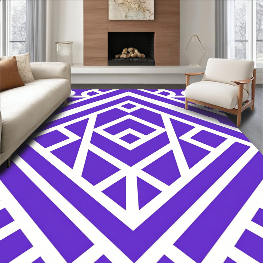 Geometric Purple White Linear Pattern Rug