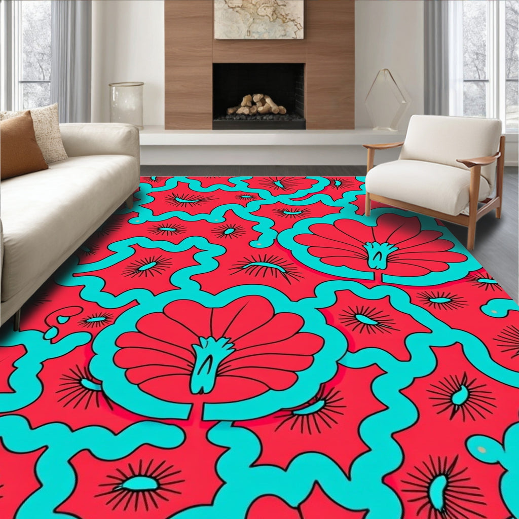 Bold Teal Red Floral Pattern Rug