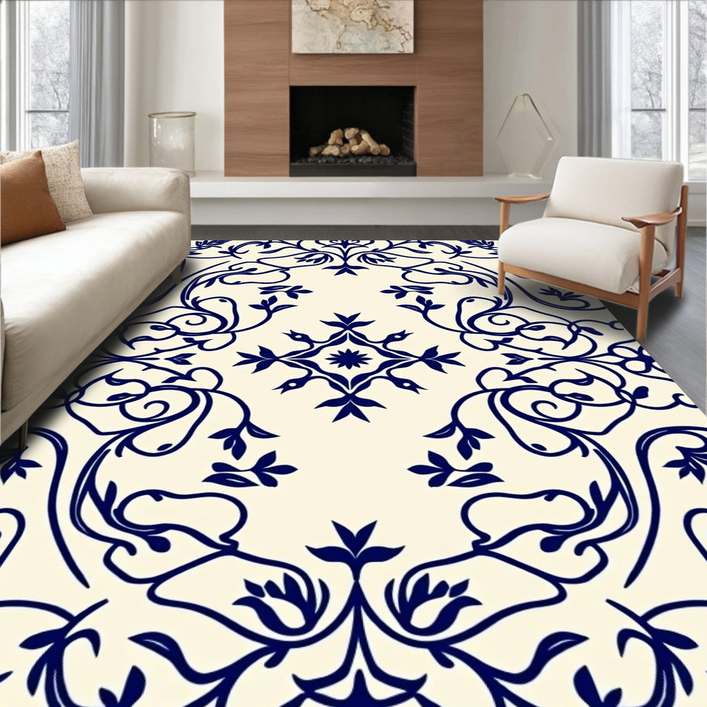 Classic Navy Floral Vine Pattern Rug