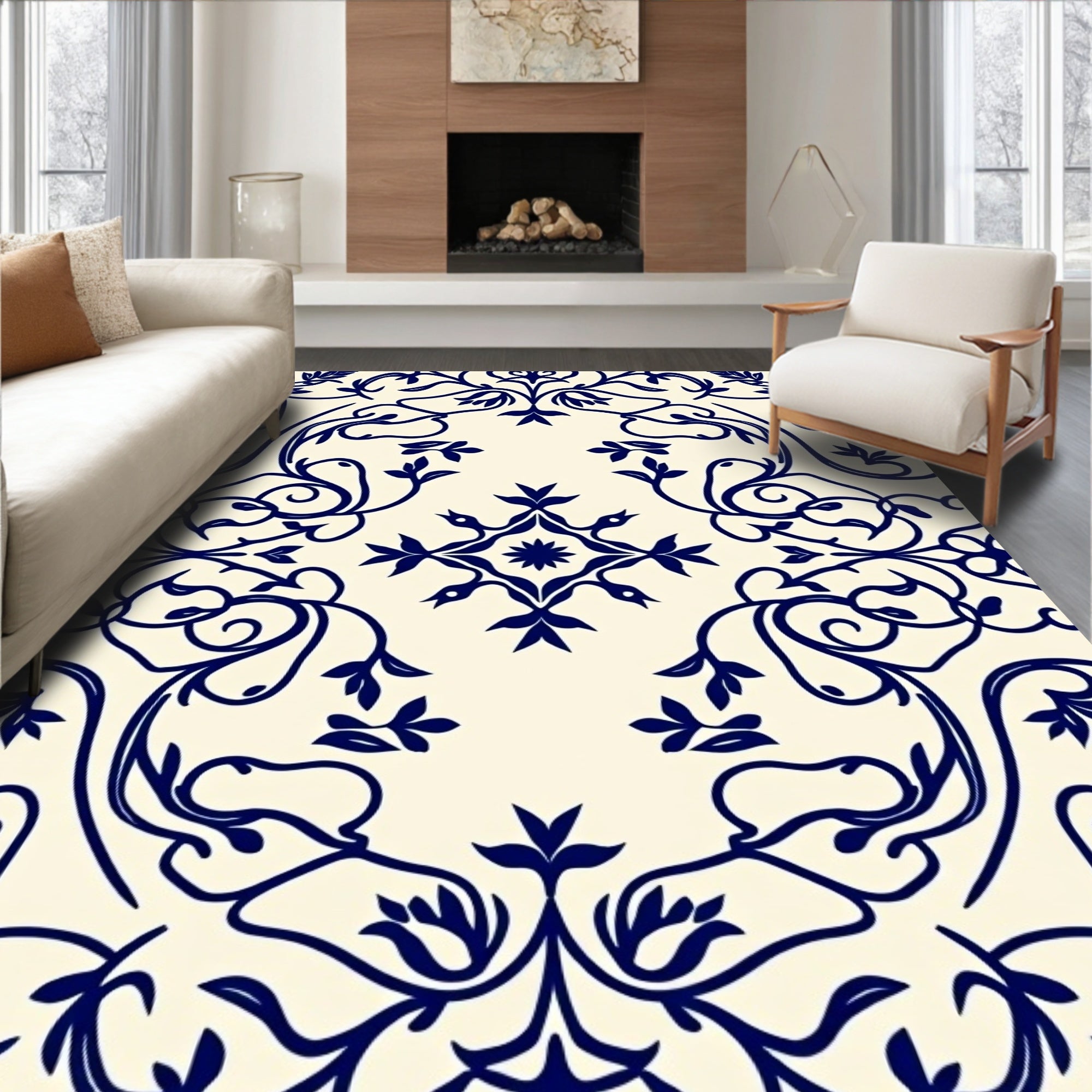 Classic Navy Floral Vine Pattern Rug