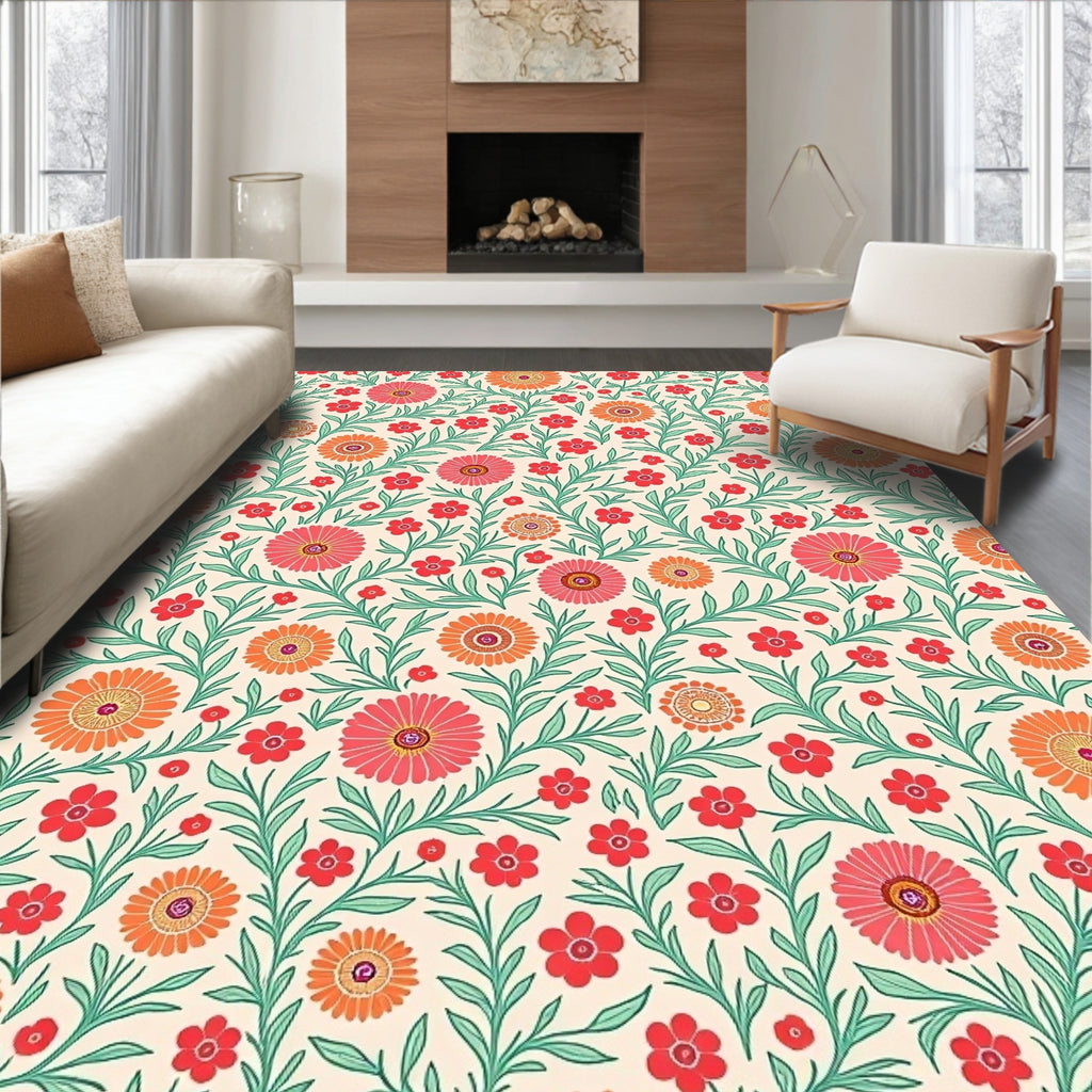 Coral Pink Orange Floral Vine Pattern Rug