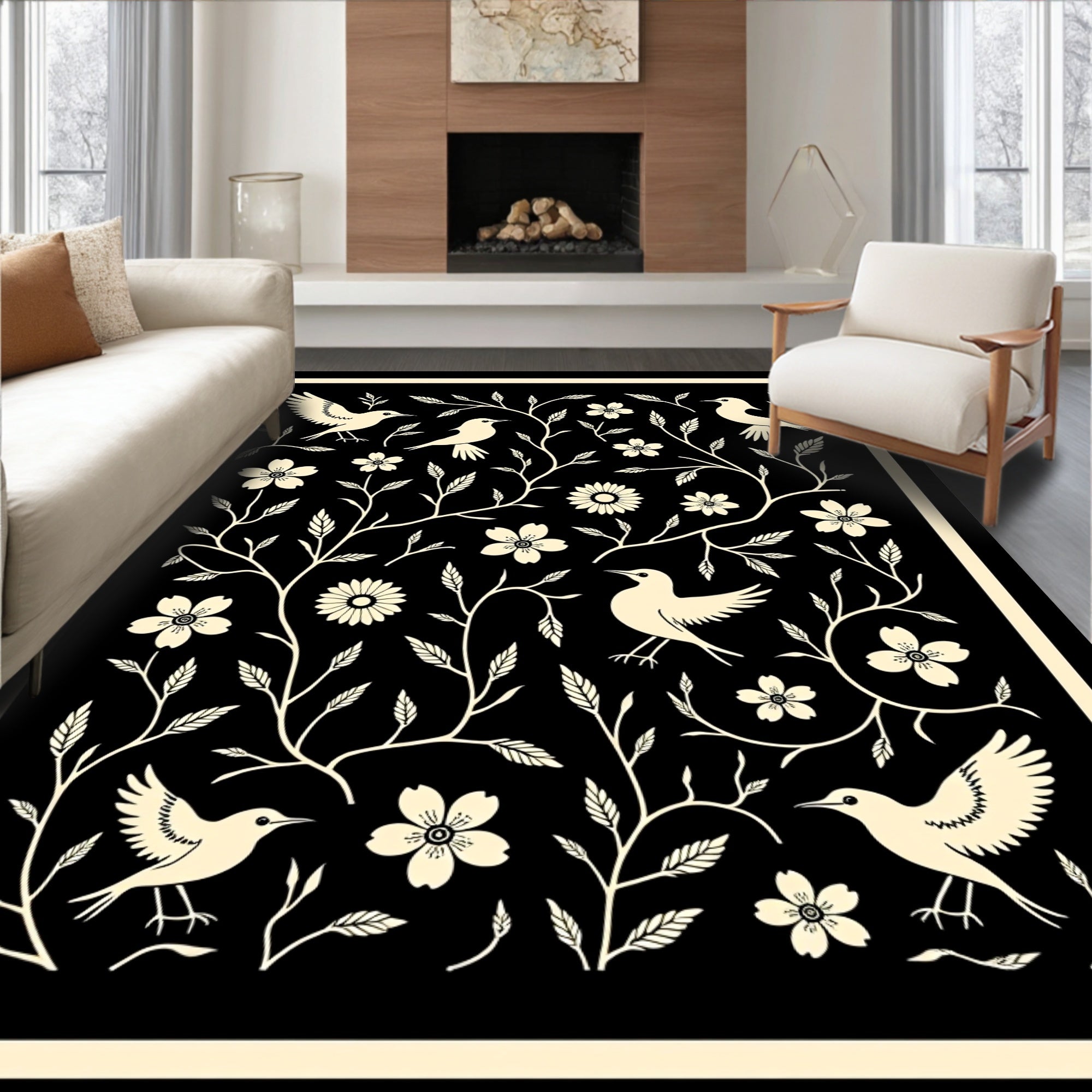 Birds and Flowers Whimsical Folk Art Rug