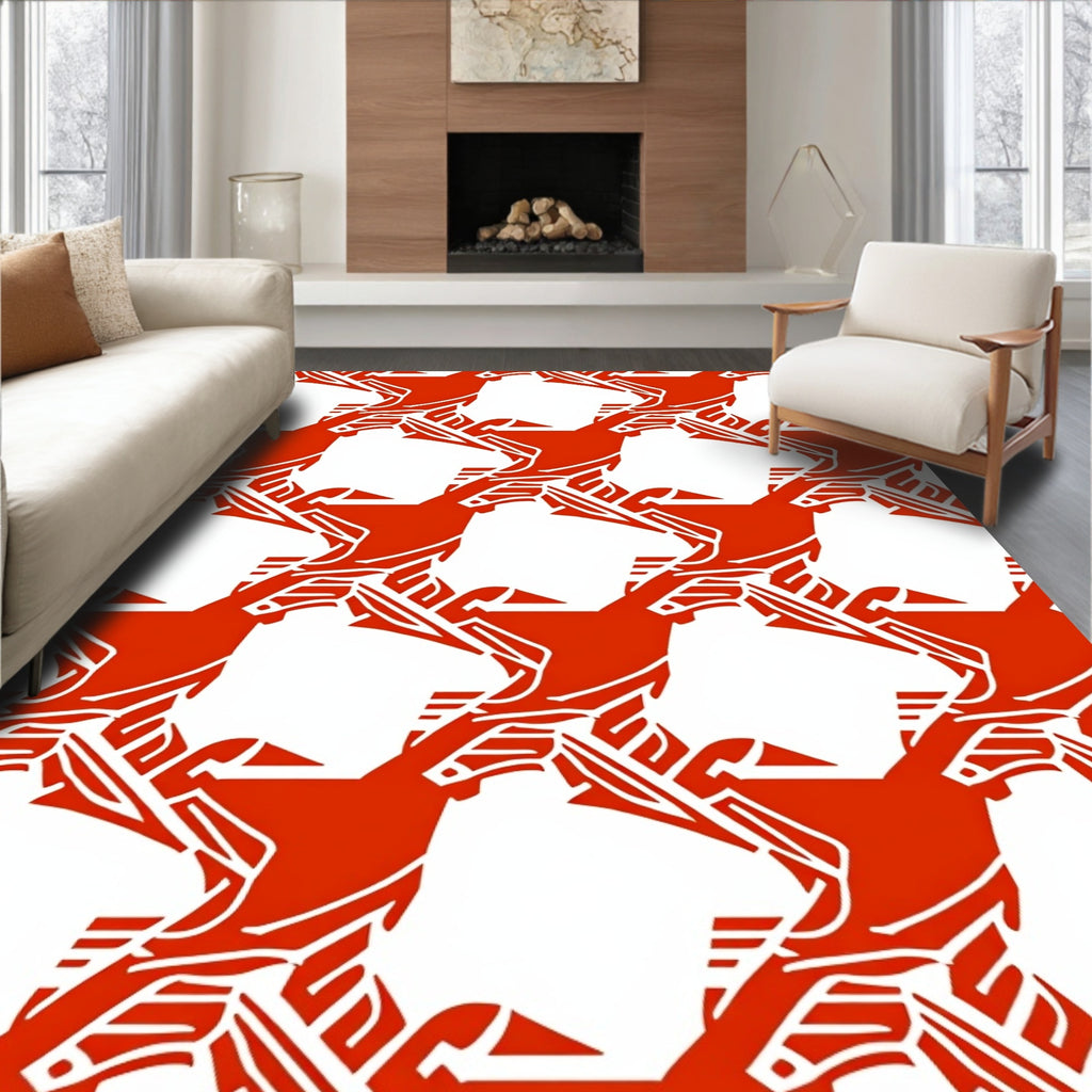Bold Red White Geometric Bird Pattern Rug