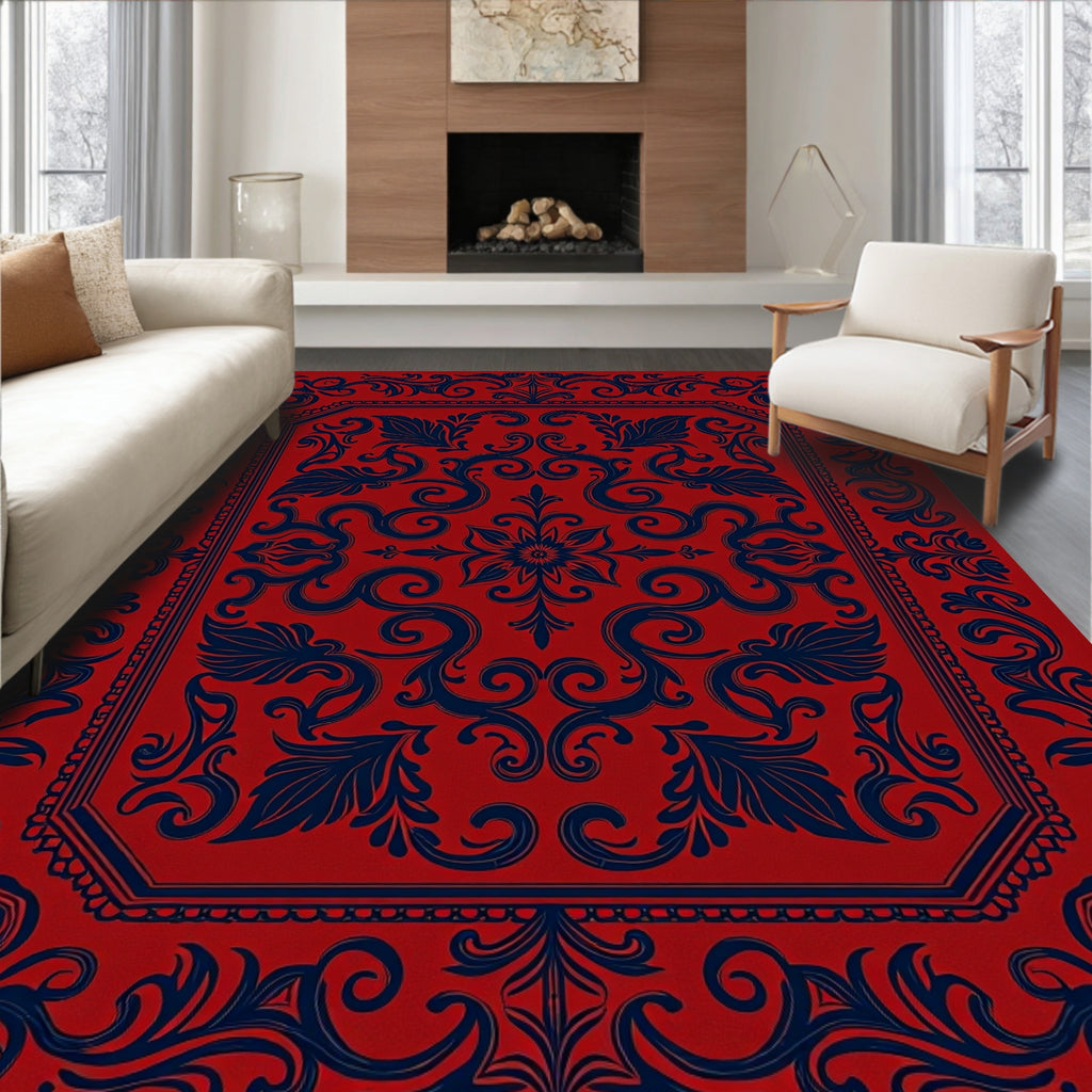 Classic Red Navy Floral Scroll Rug