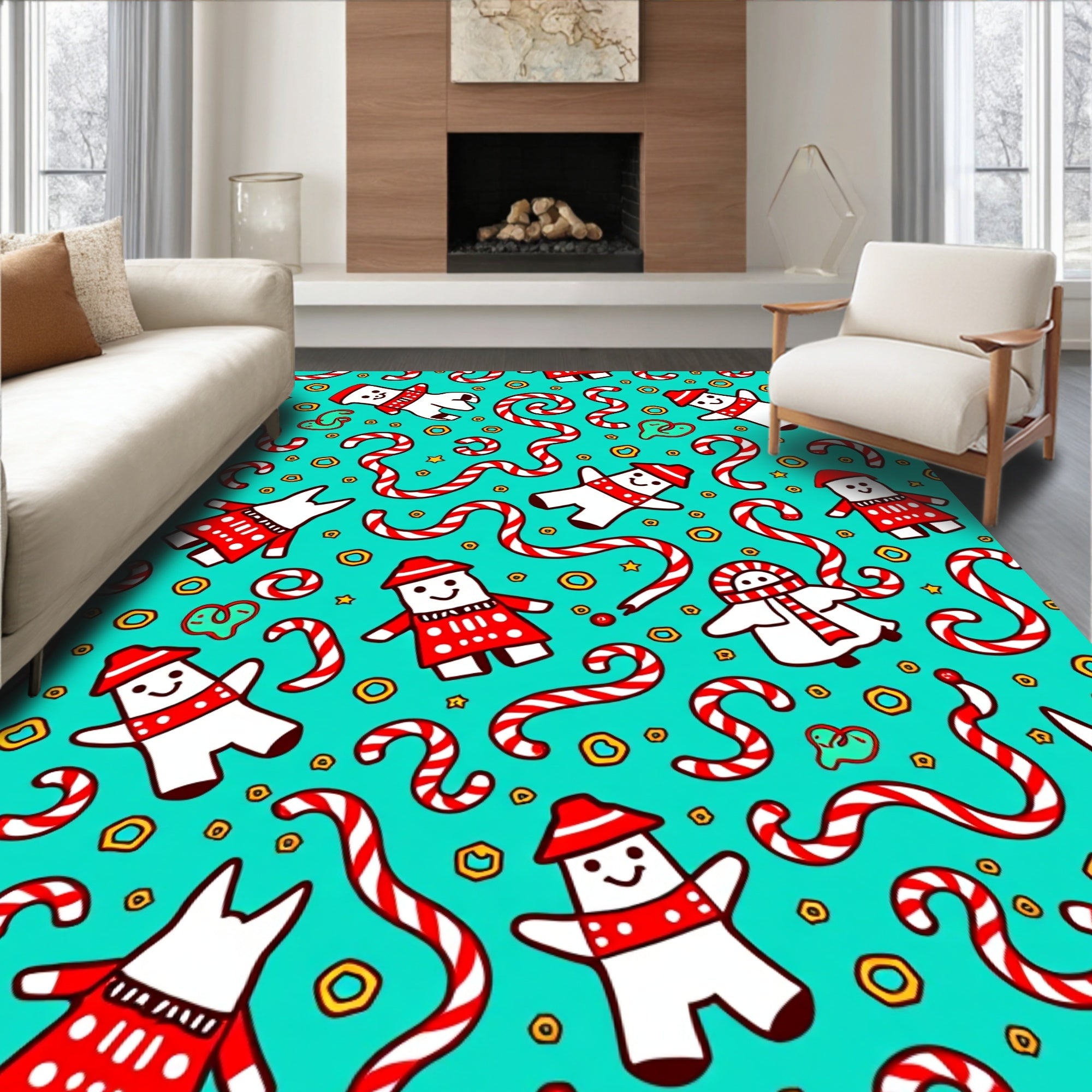 Festive Teal Snowman Candy Cane Christmas Rug