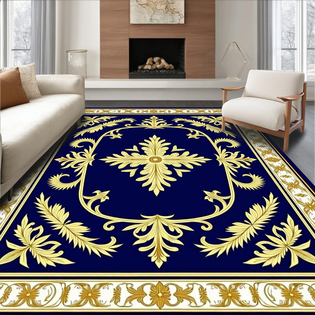 Regal Blue Gold Floral Scroll Rug