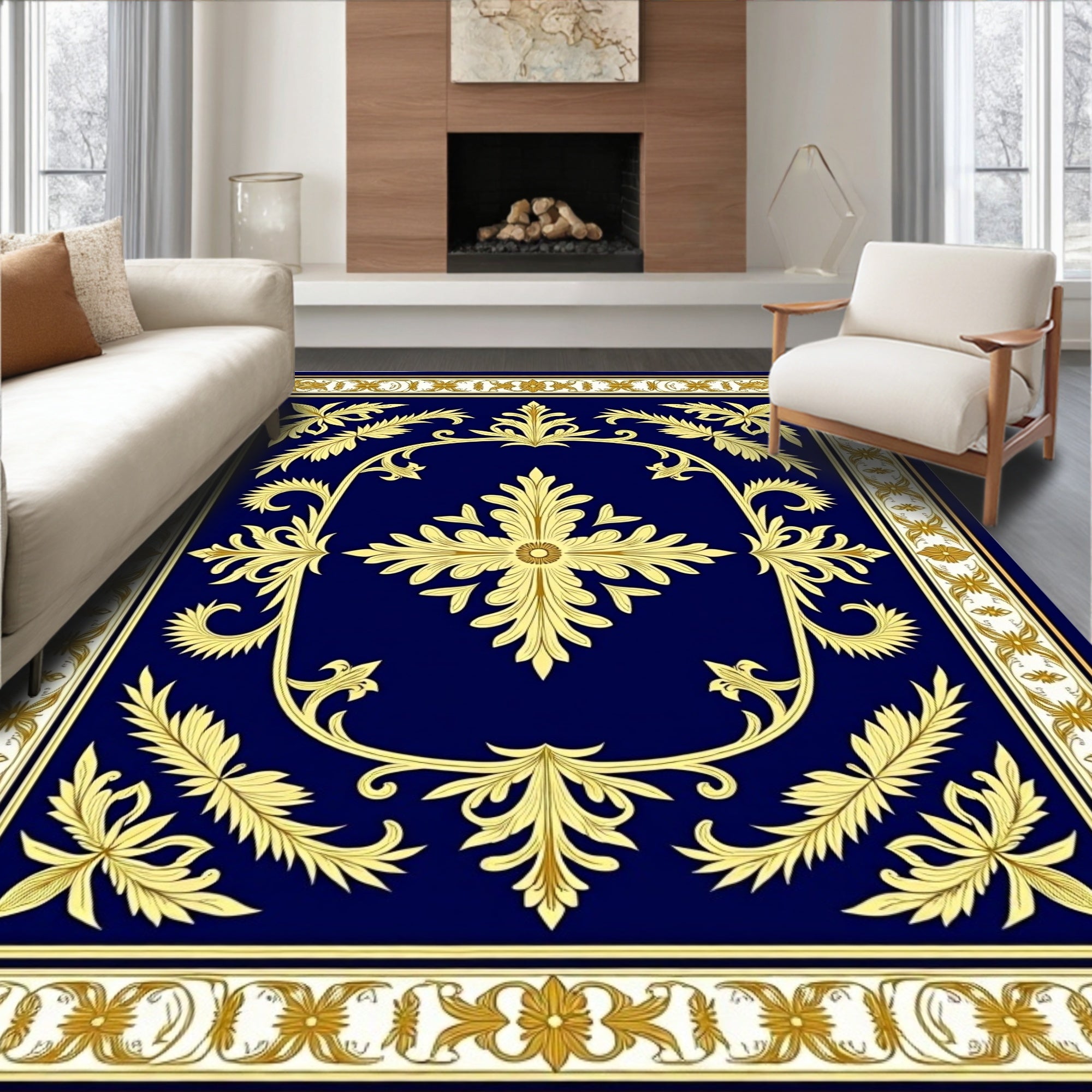 Regal Blue Gold Floral Scroll Rug