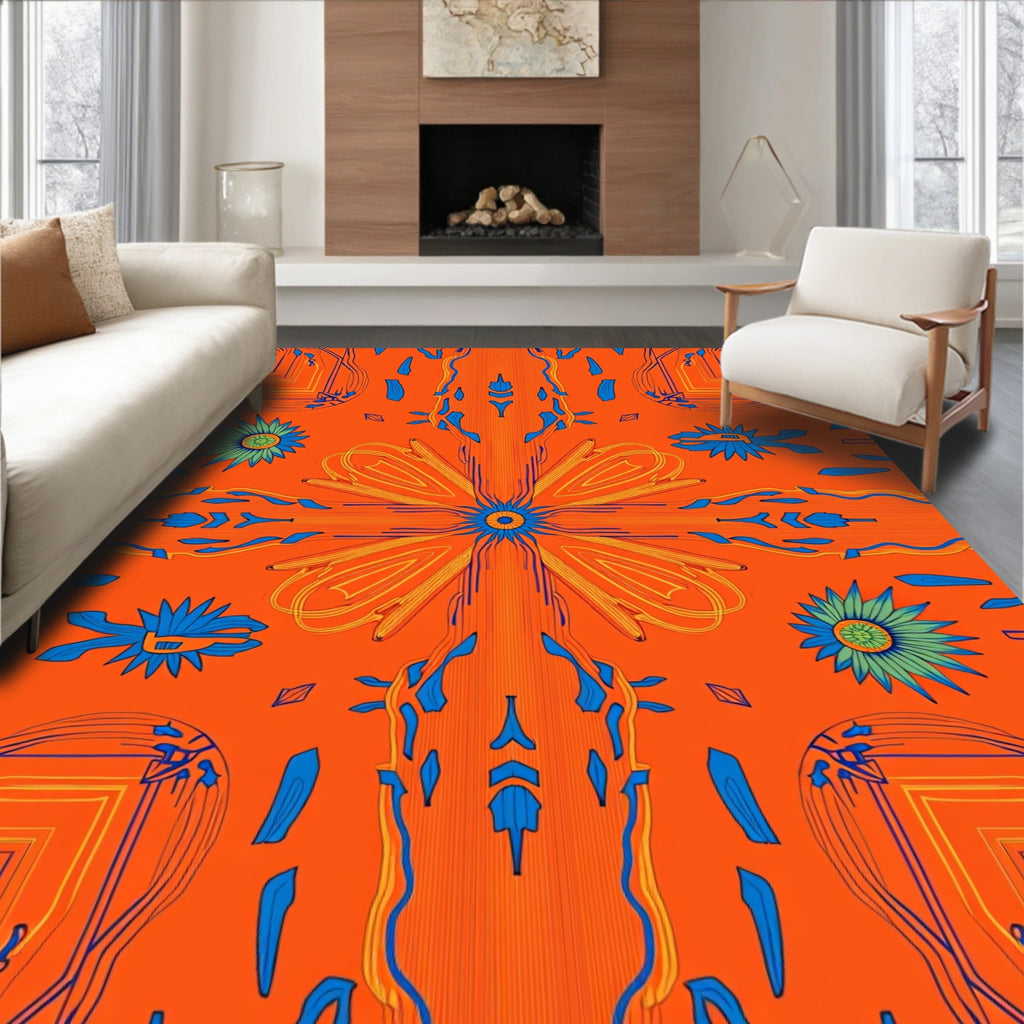 Vibrant Orange Blue Floral Symmetry Rug