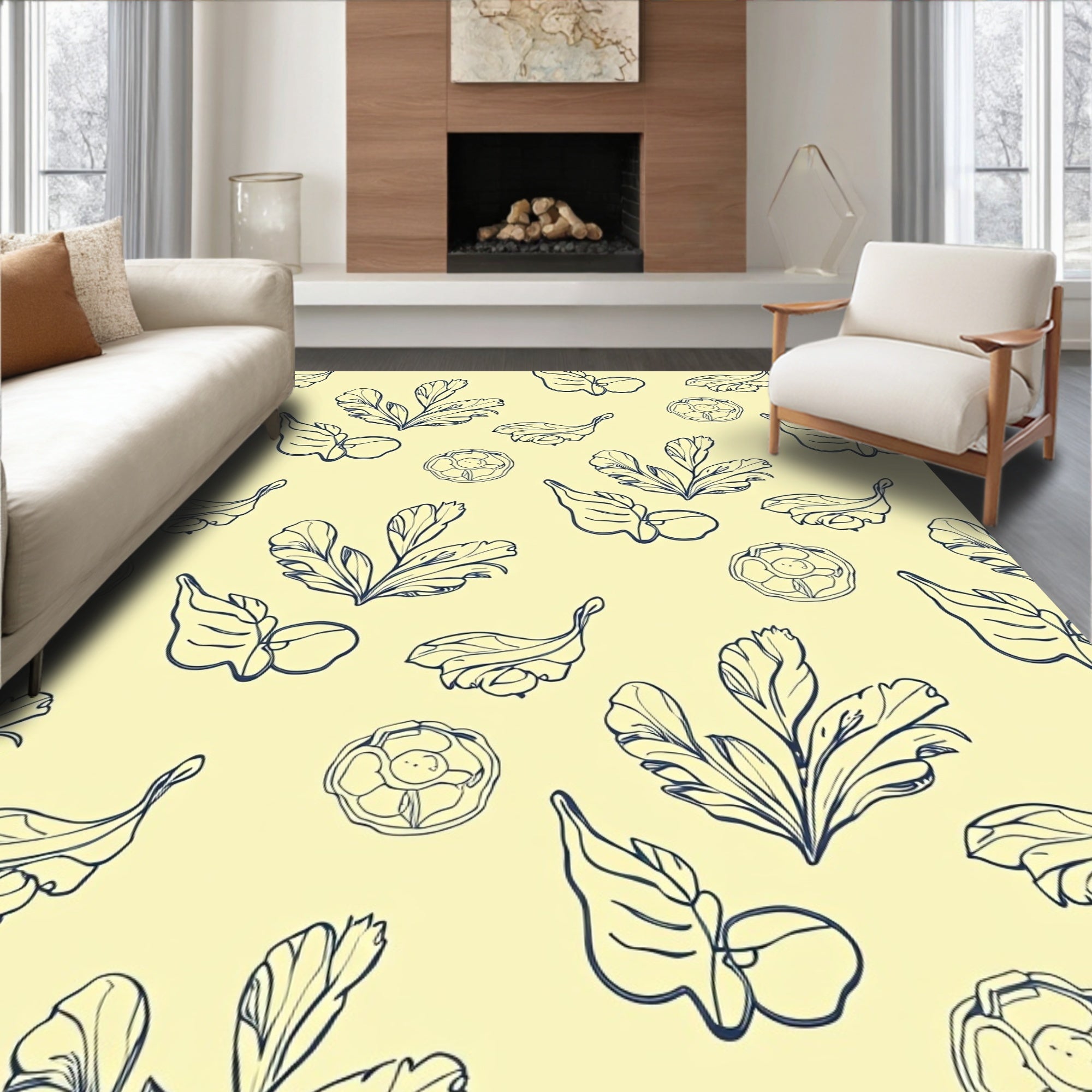 Simple Botanical Sketch Pattern Rug