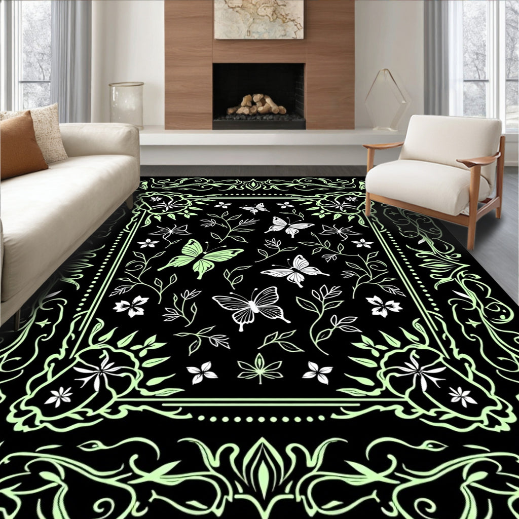 Whimsical Black Green Butterfly Garden Rug