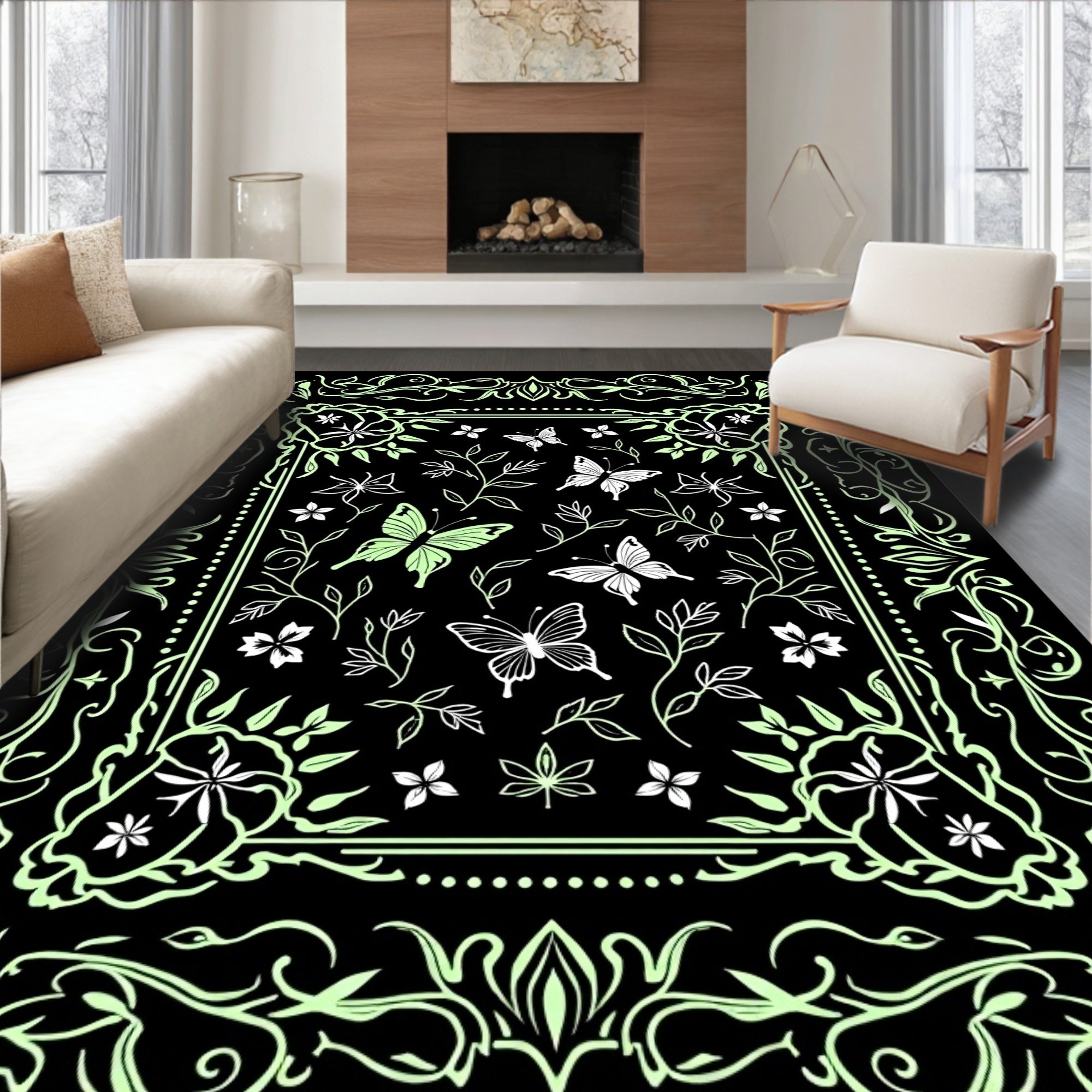 Whimsical Black Green Butterfly Garden Rug