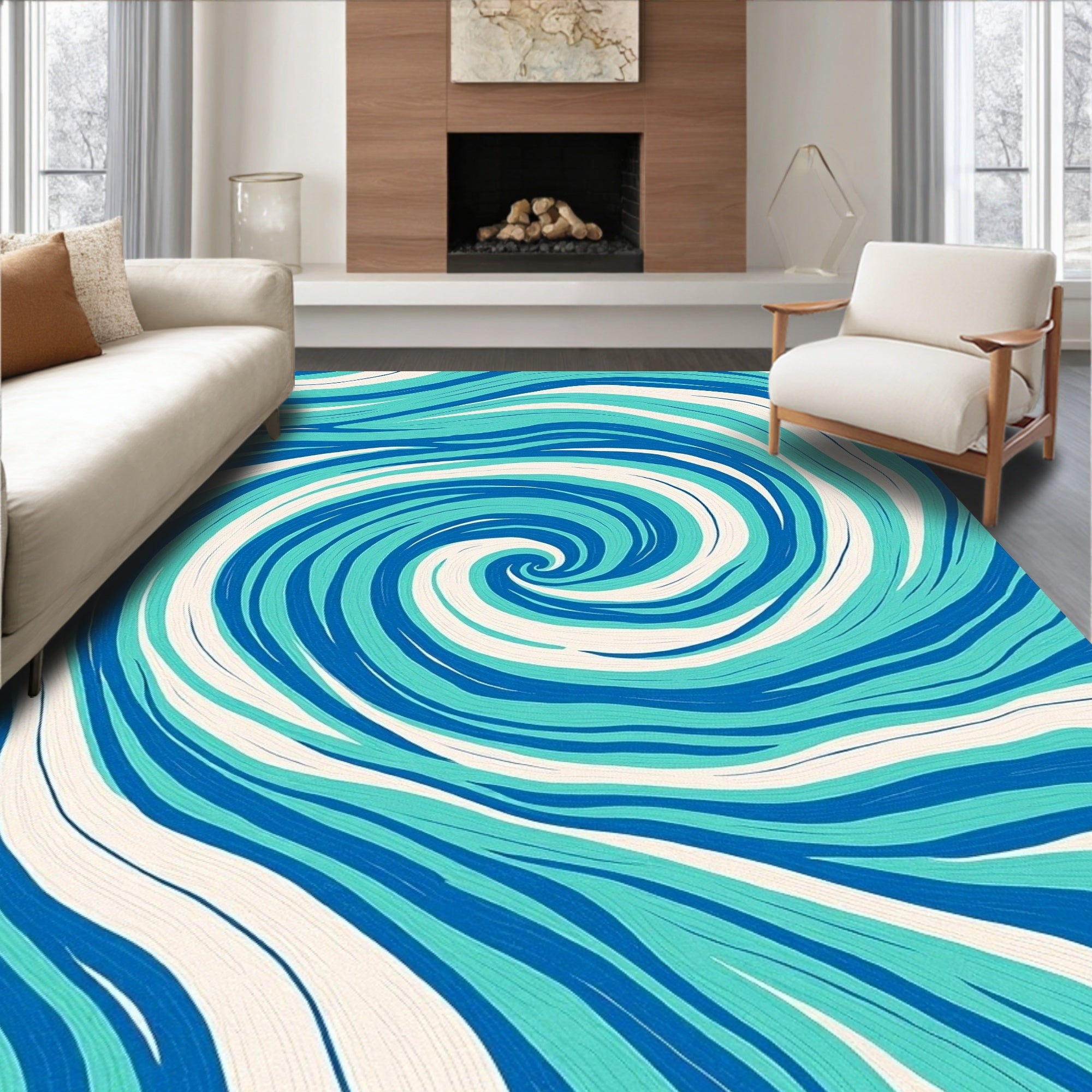 Aqua Blue Cream Swirling Waves Rug