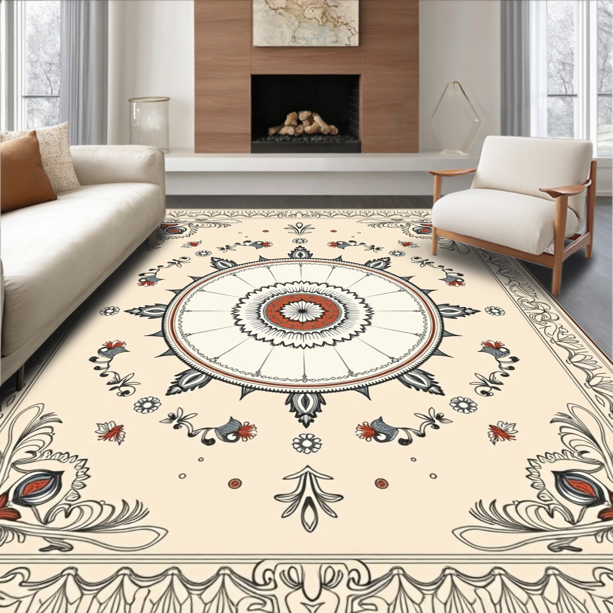 Ornamental Mandala Style Floral Design Rug