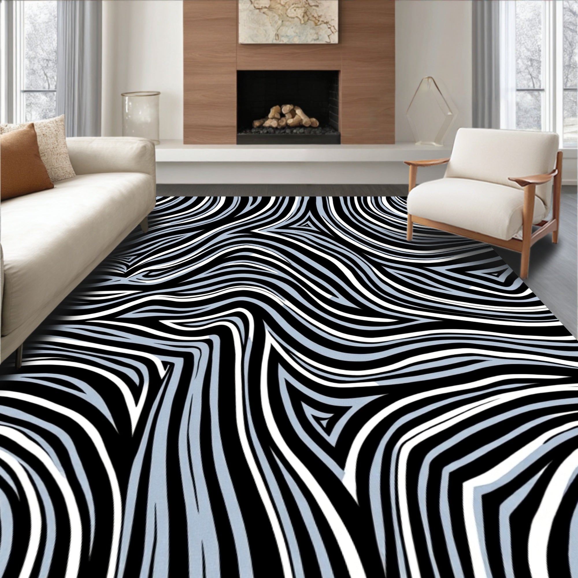 Abstract Wavy Black White Stripe Design Rug