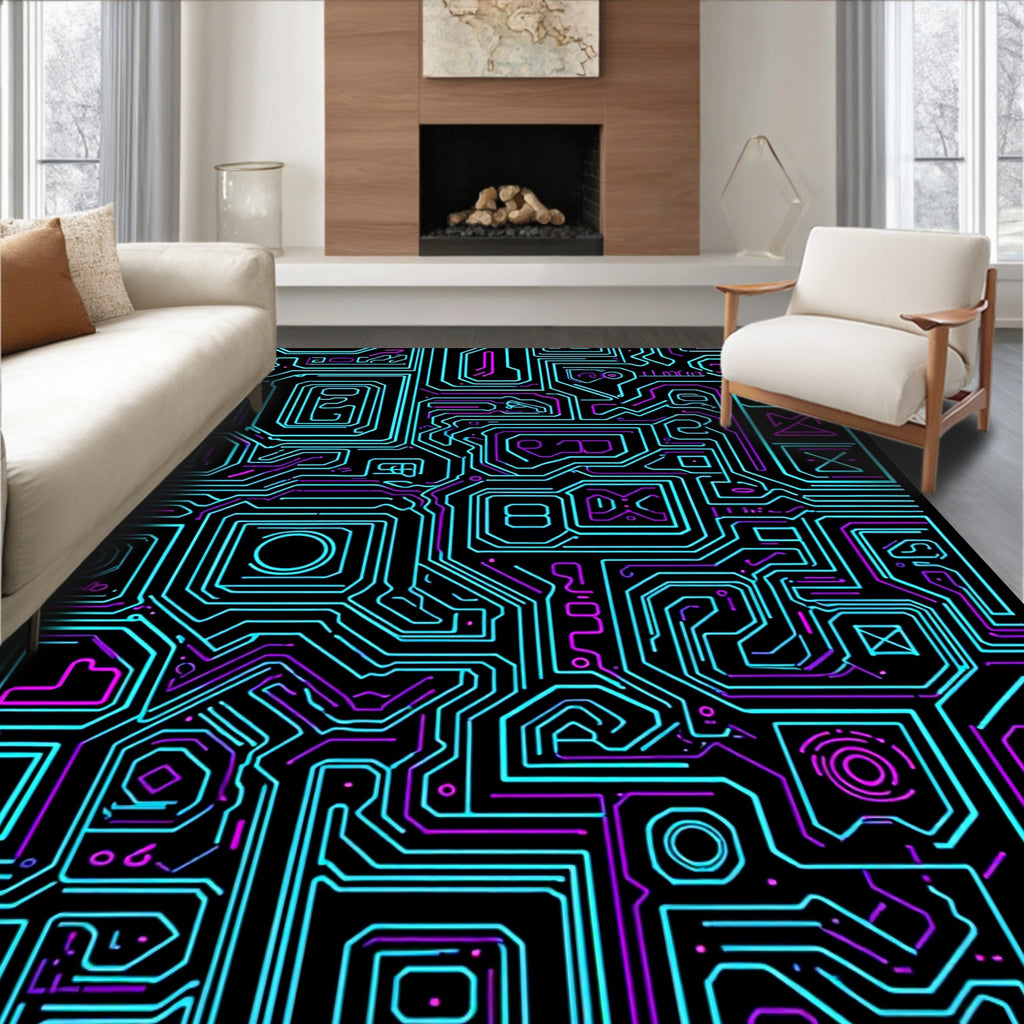 Circuit Board Neon Lines Pattern Rug
