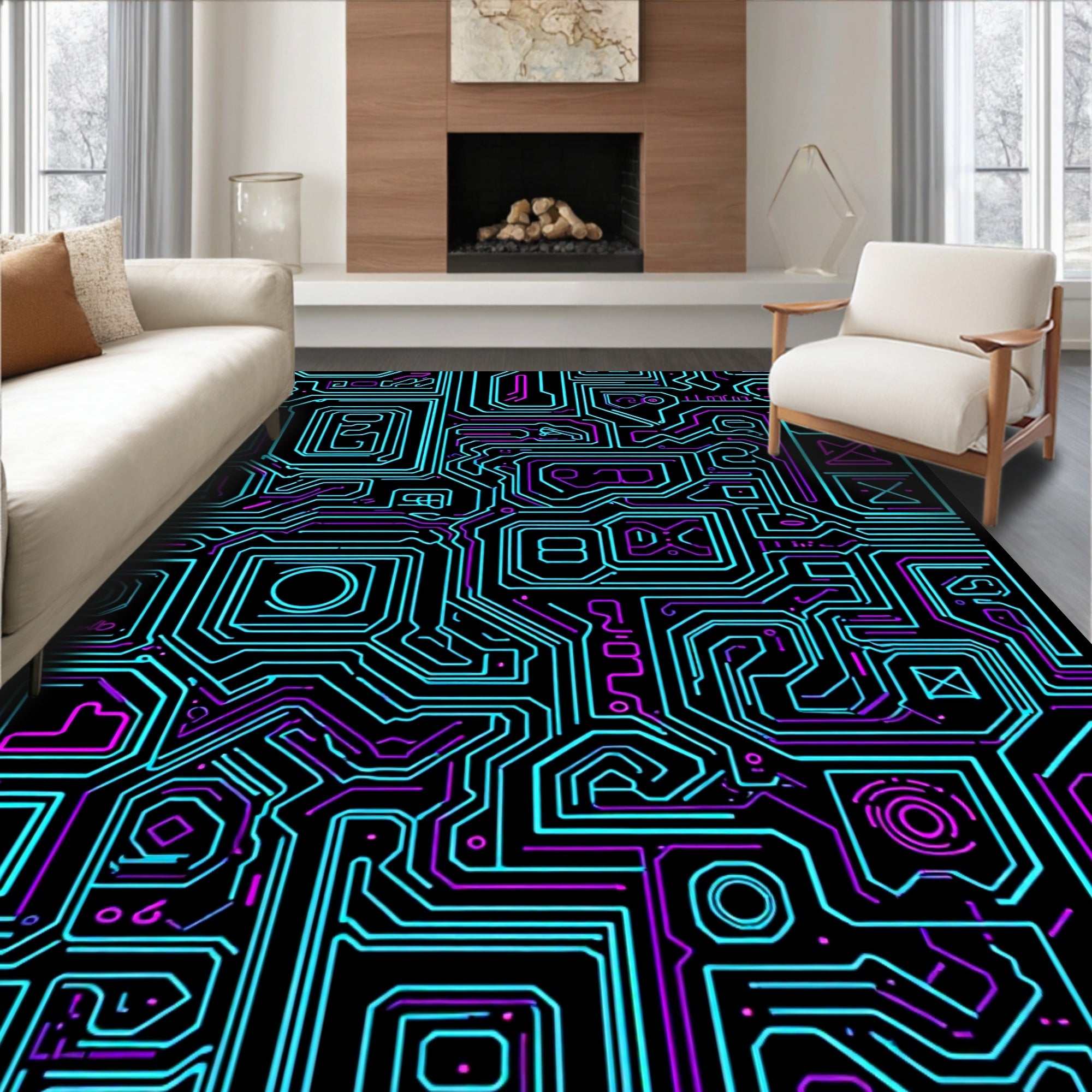 Circuit Board Neon Lines Pattern Rug