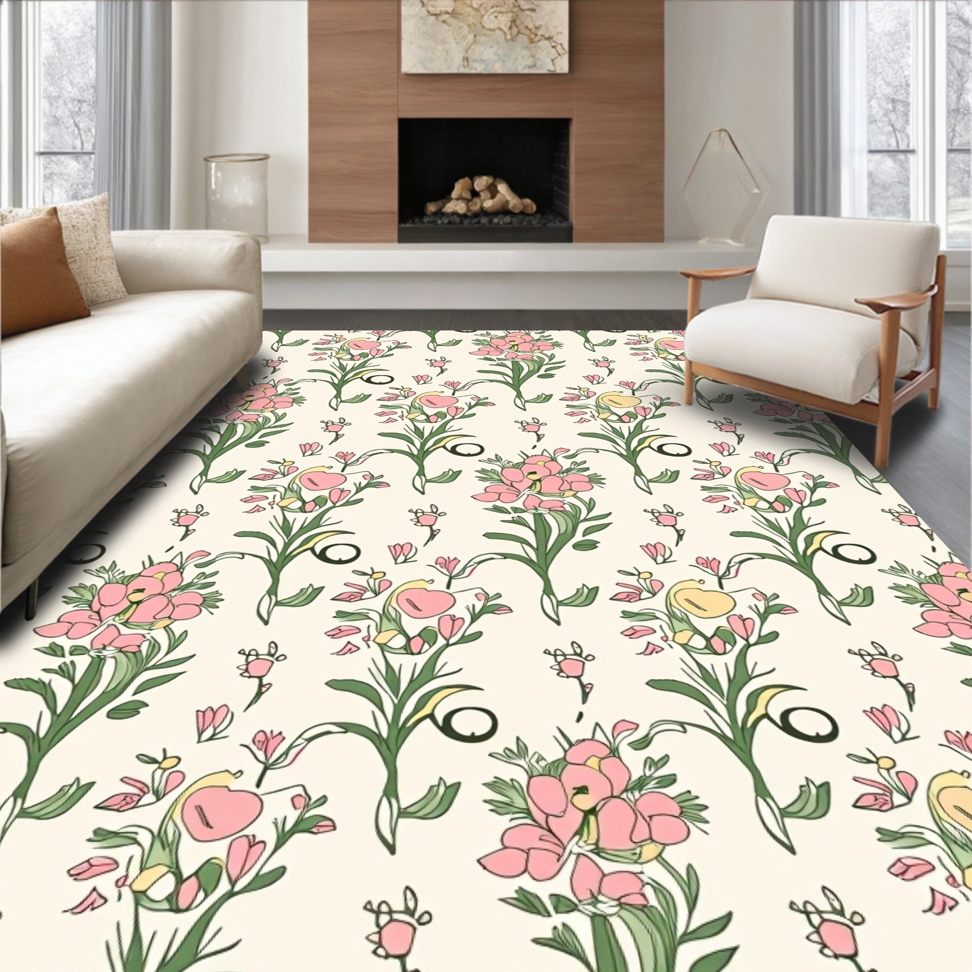 Hand-Drawn Floral Bouquet Pattern Rug