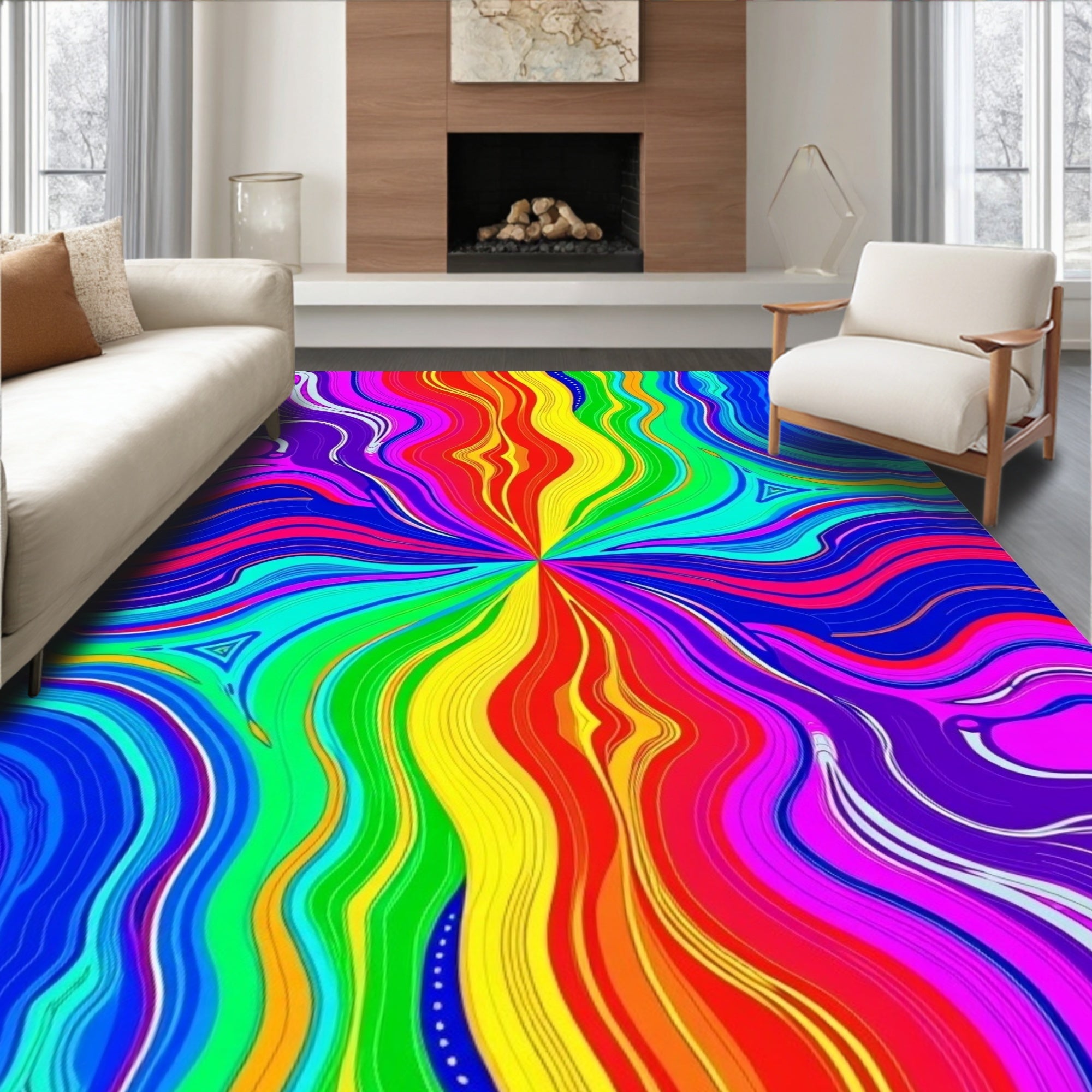 Vibrant Rainbow Swirl Abstract Design Rug