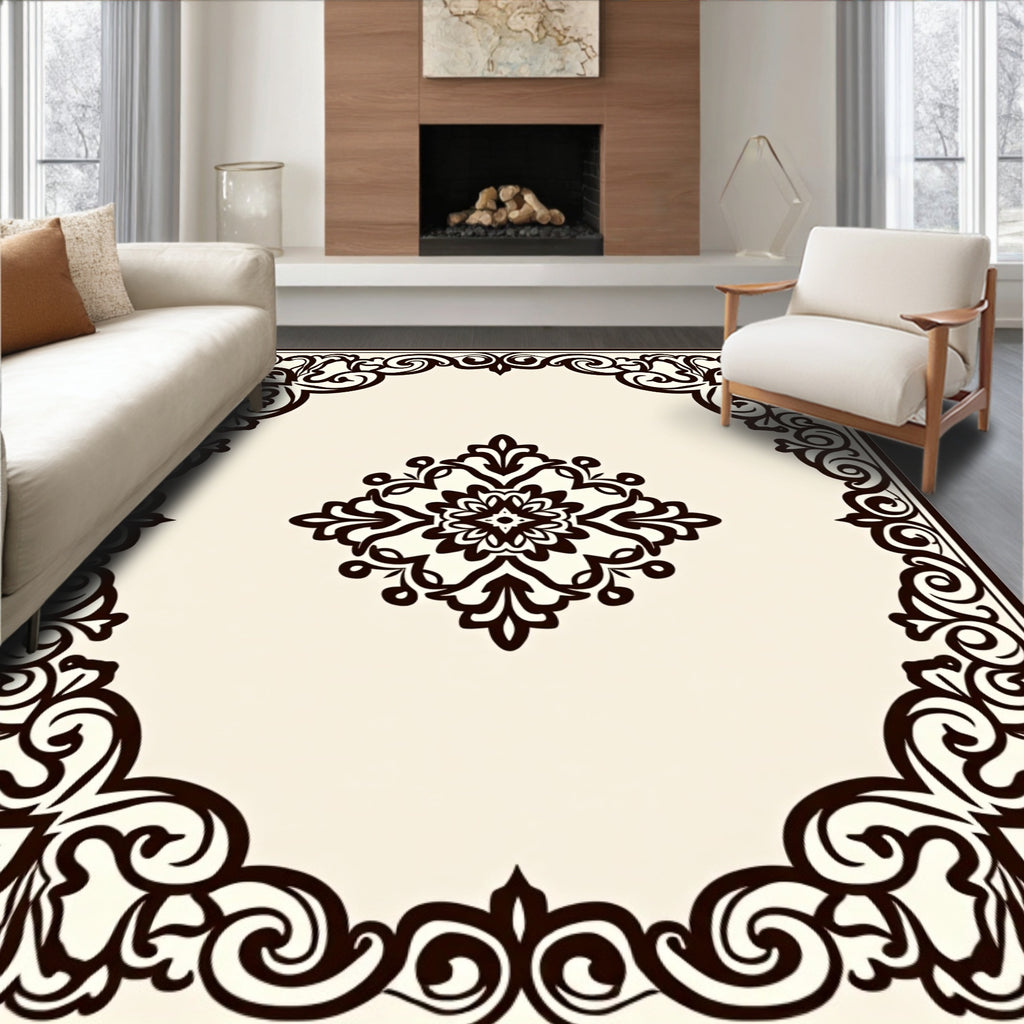 Ornate Black Floral Scroll Border Rug