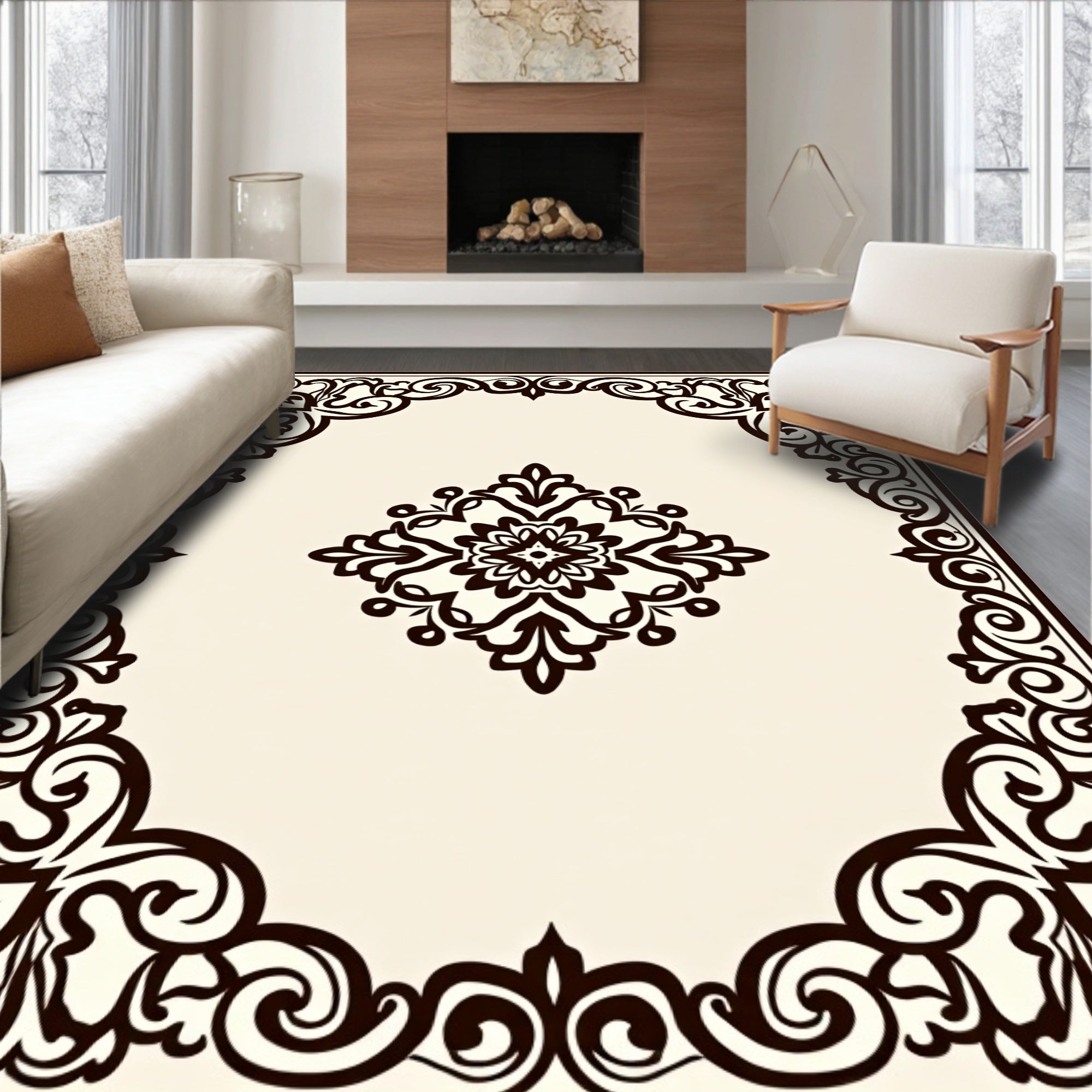 Ornate Black Floral Scroll Border Rug