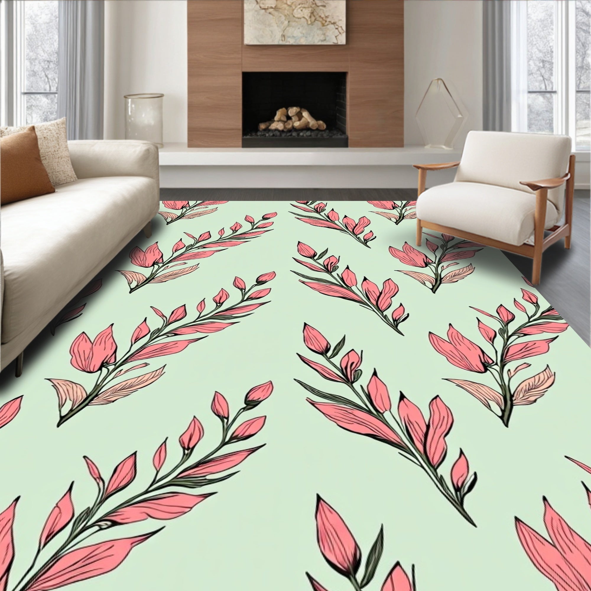 Coral Branch Pattern With Sage Background Rug