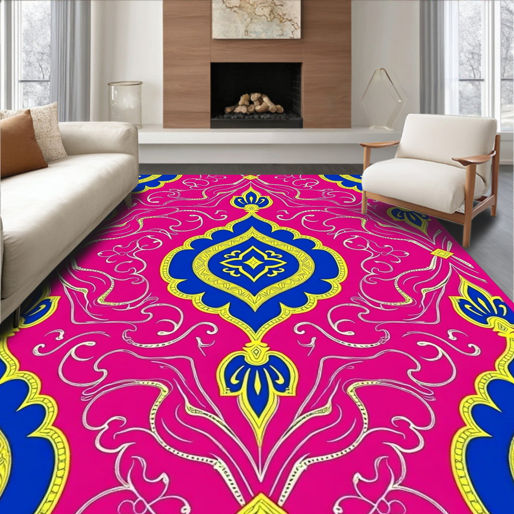 Vivid Pink Blue Yellow Floral Scroll Rug