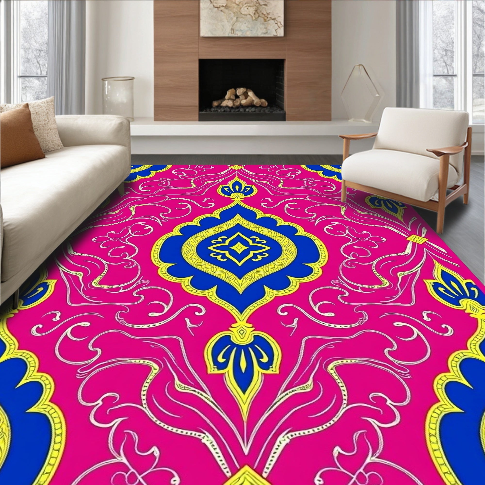 Vivid Pink Blue Yellow Floral Scroll Rug