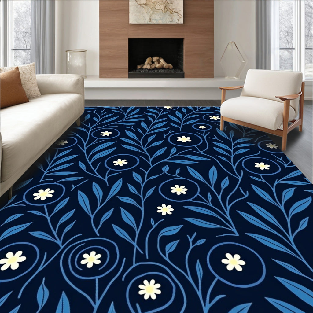 Dark Blue Floral Vine Pattern Rug