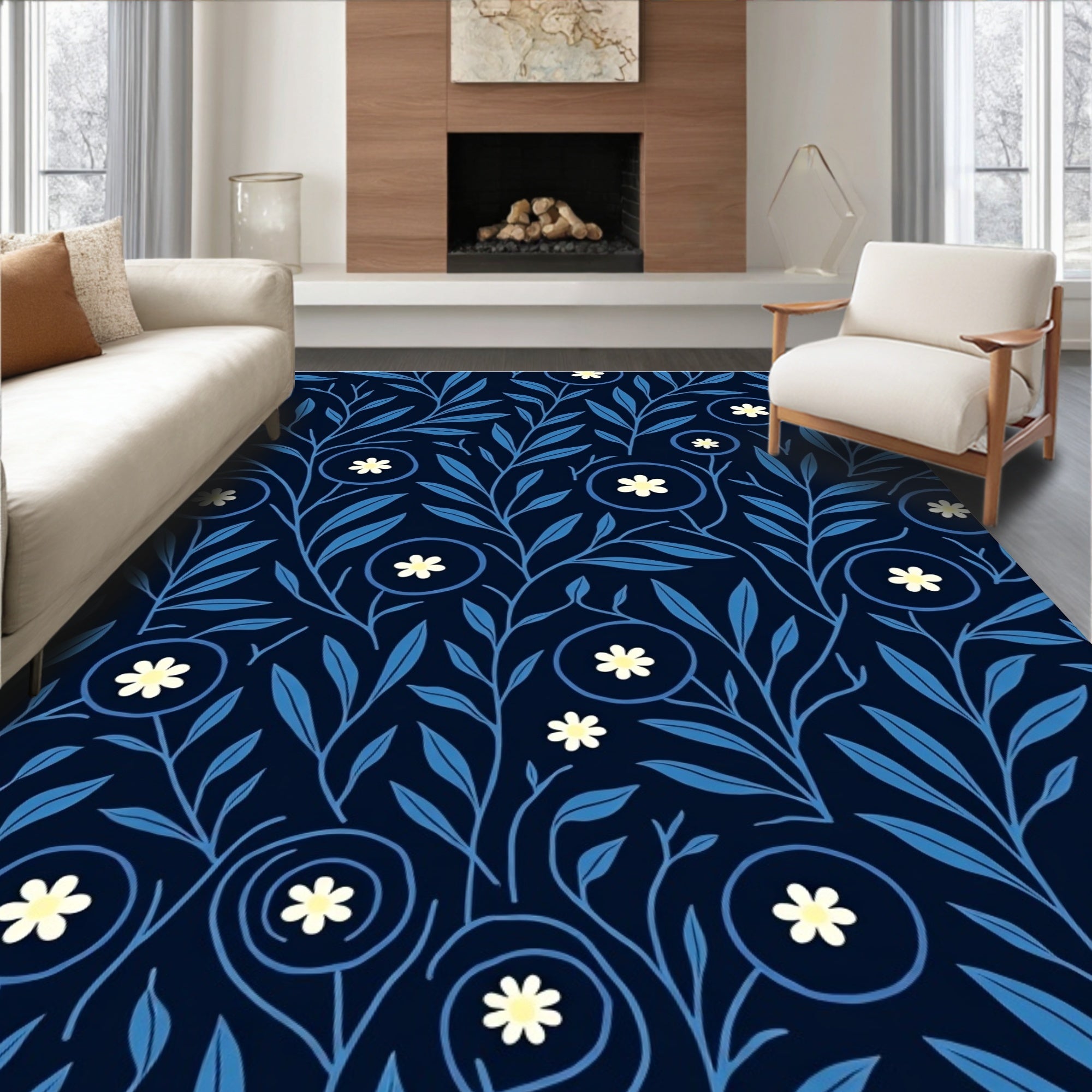 Dark Blue Floral Vine Pattern Rug