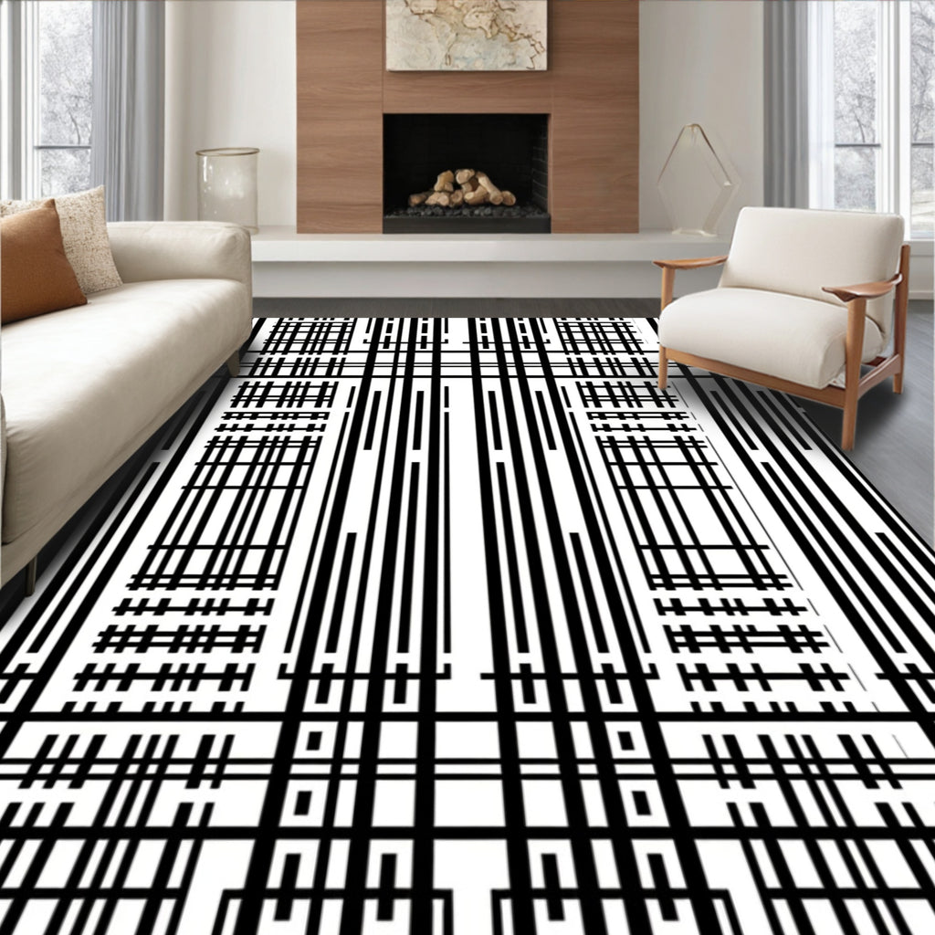 Bold Black White Geometric Line Art Rug