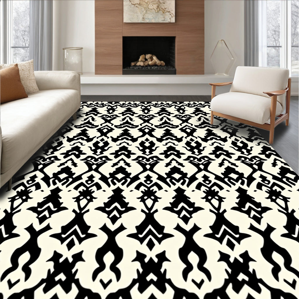 Elegant Black Ivory Damask Pattern Rug