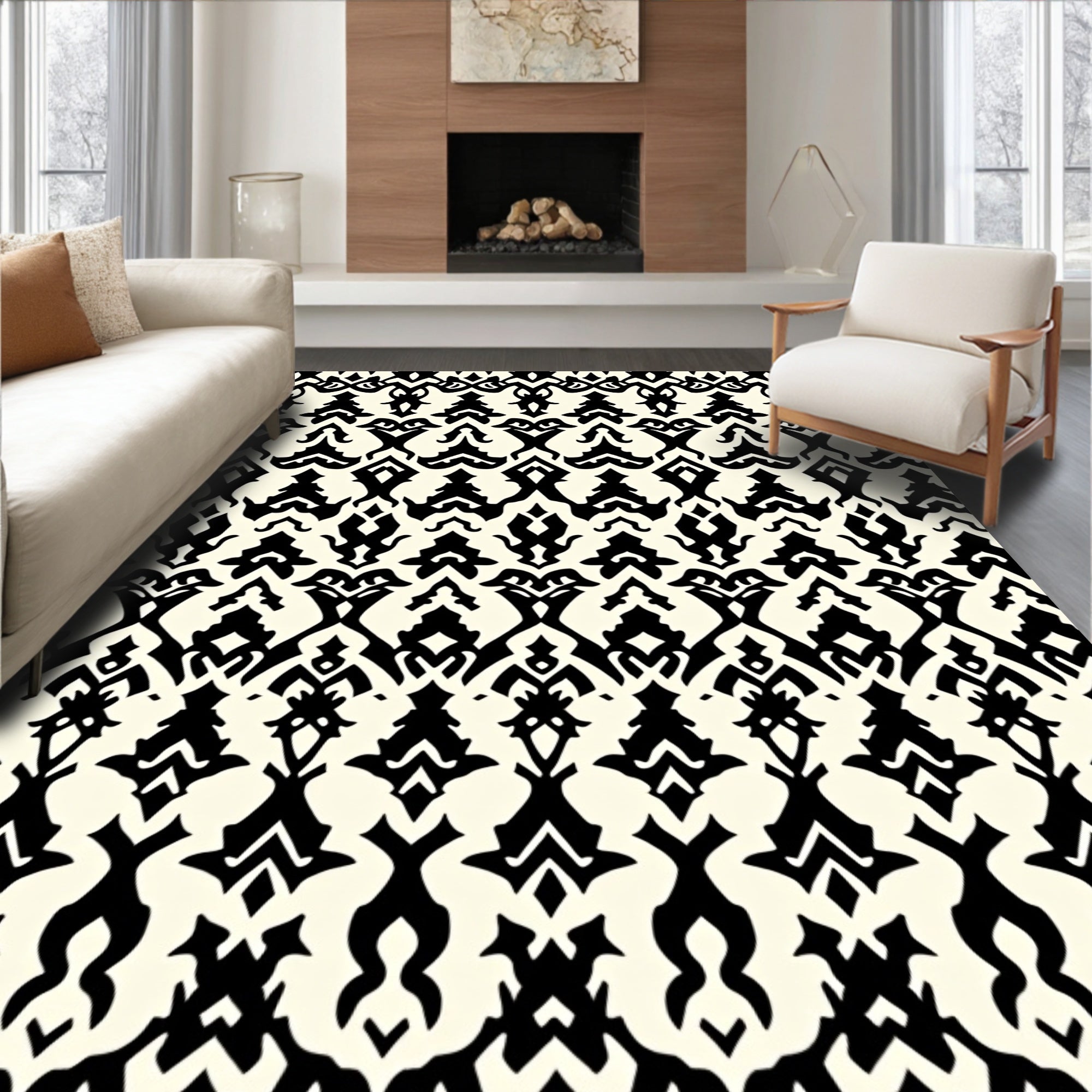 Elegant Black Ivory Damask Pattern Rug