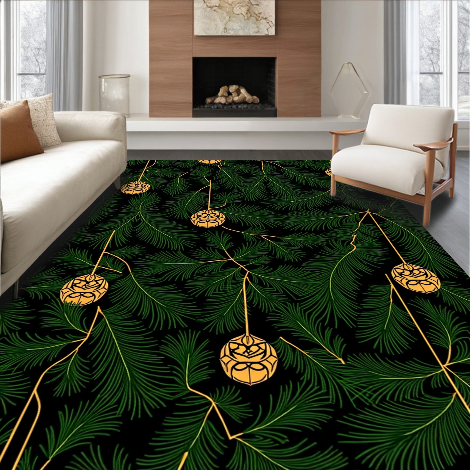 Golden Ornaments Emerald Pine Branches Rug