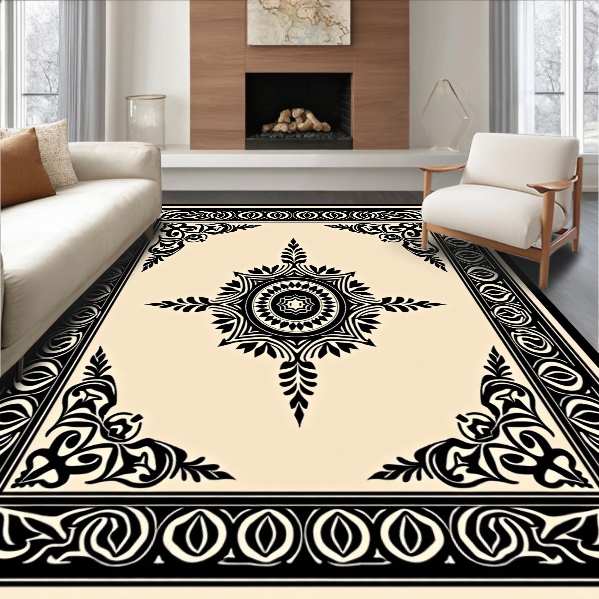 Elegant Black Cream Medallion Design Rug