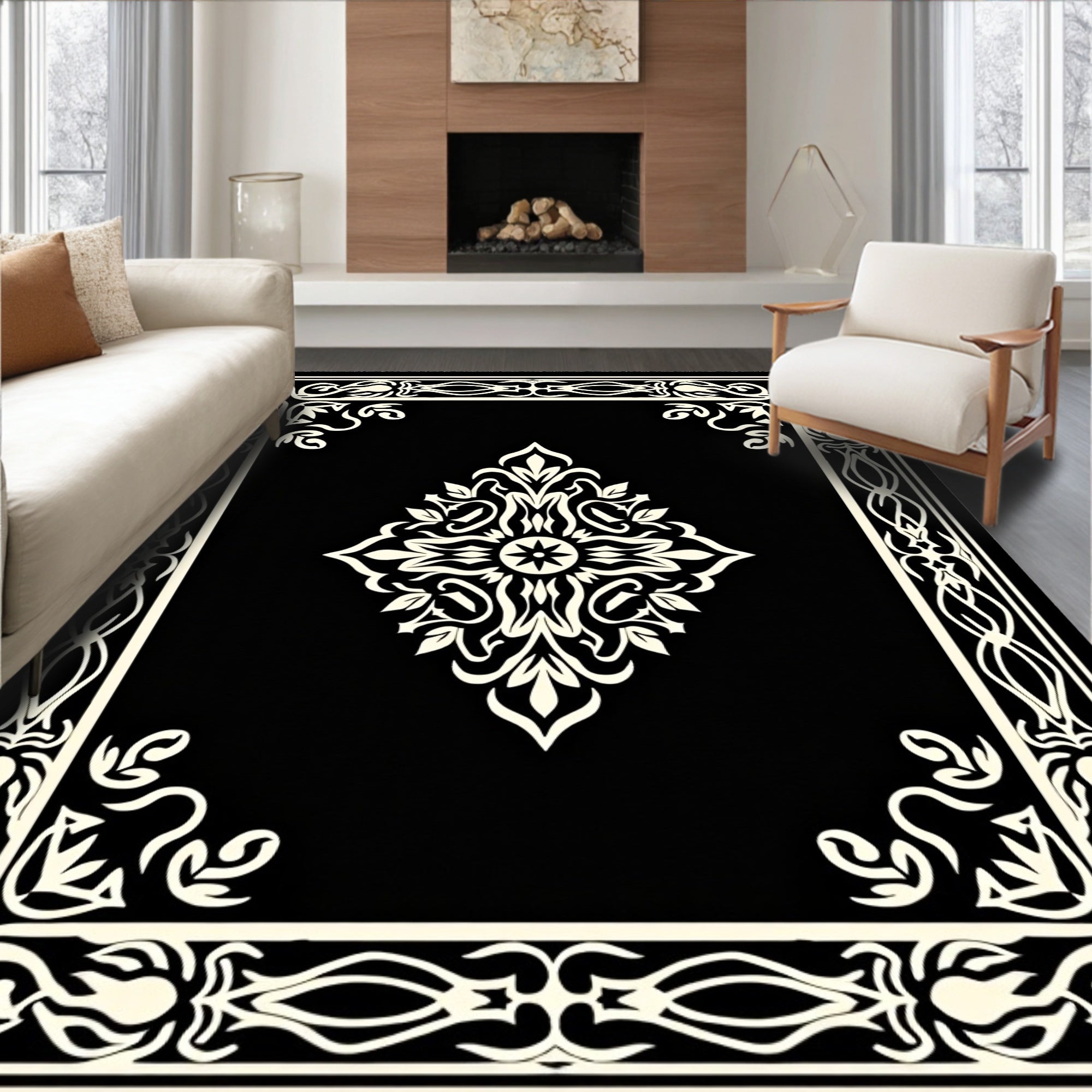 Classic Cream Floral Border Design Rug
