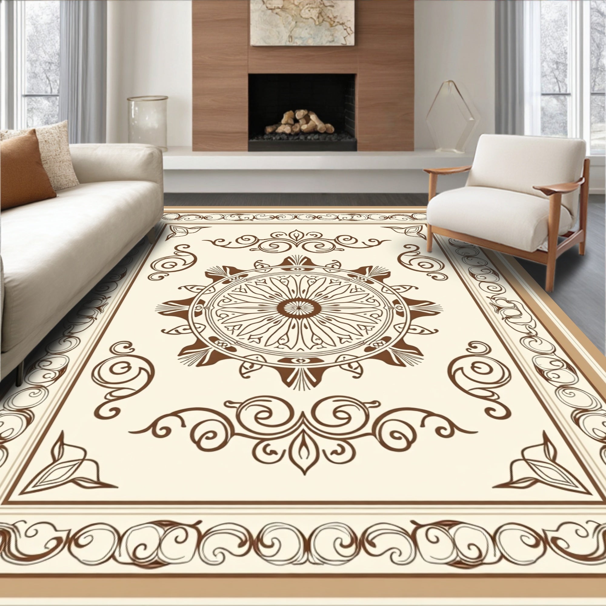 Brown Floral Mandala Border Design Rug
