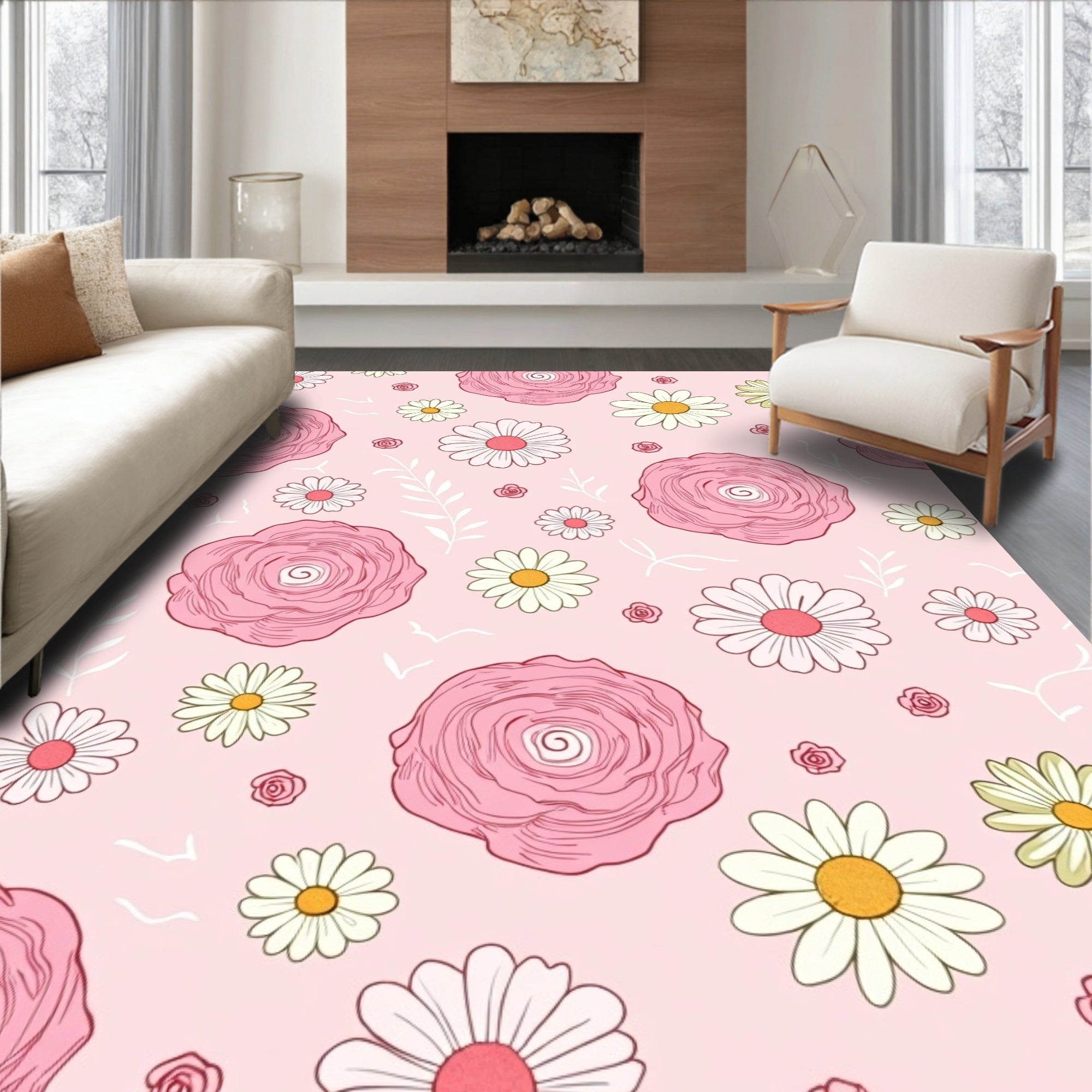 Pink Rose Daisy Floral Pattern Rug