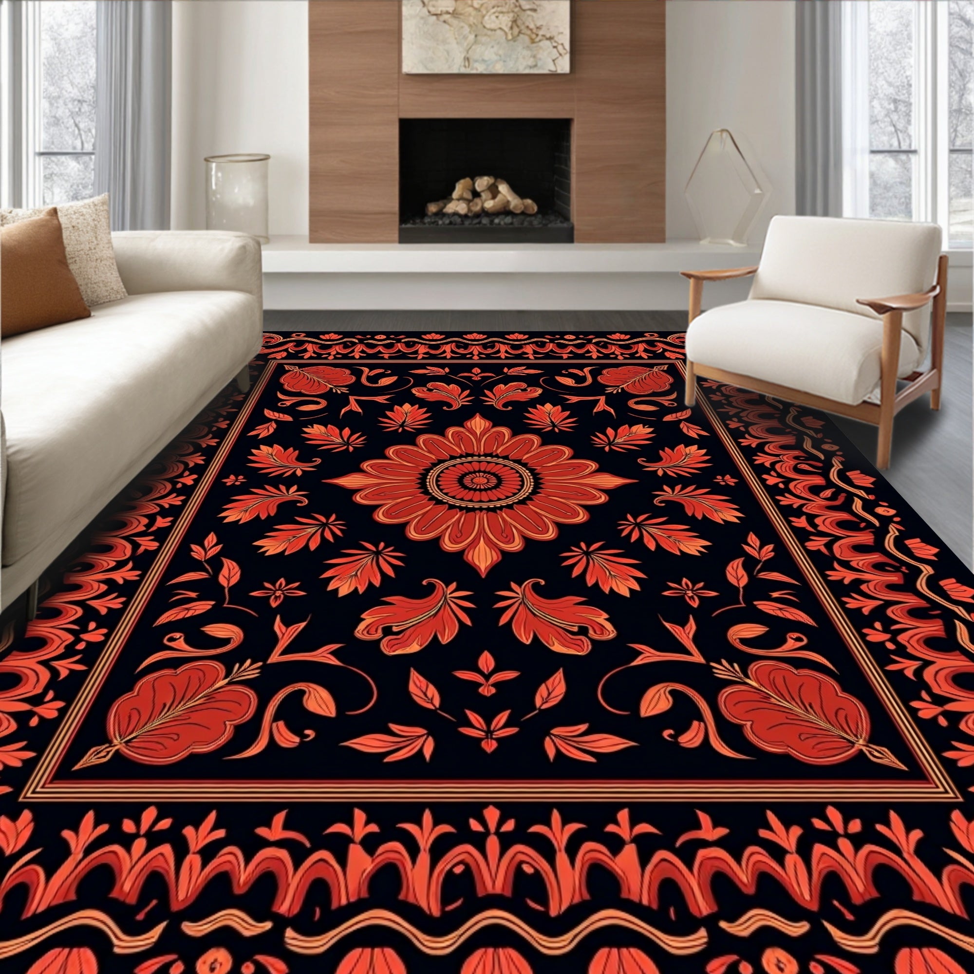 Intricate Floral Pattern Red Orange Rug