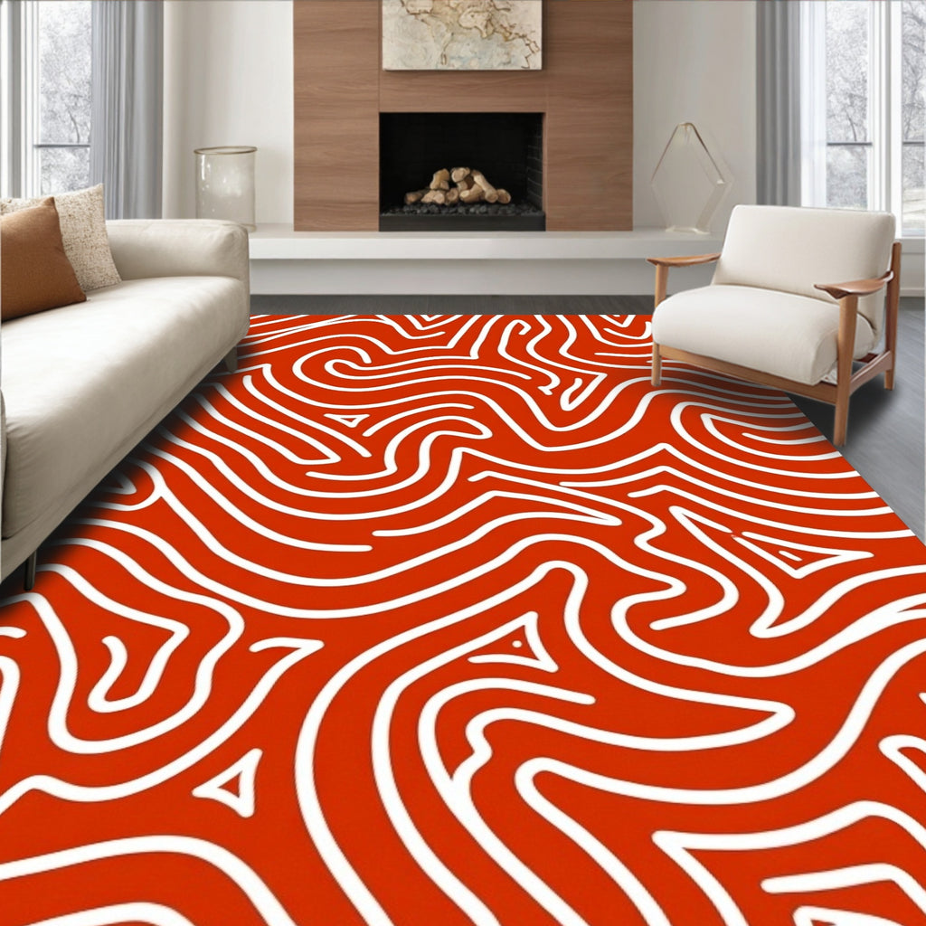 Bold Red White Organic Lines Rug