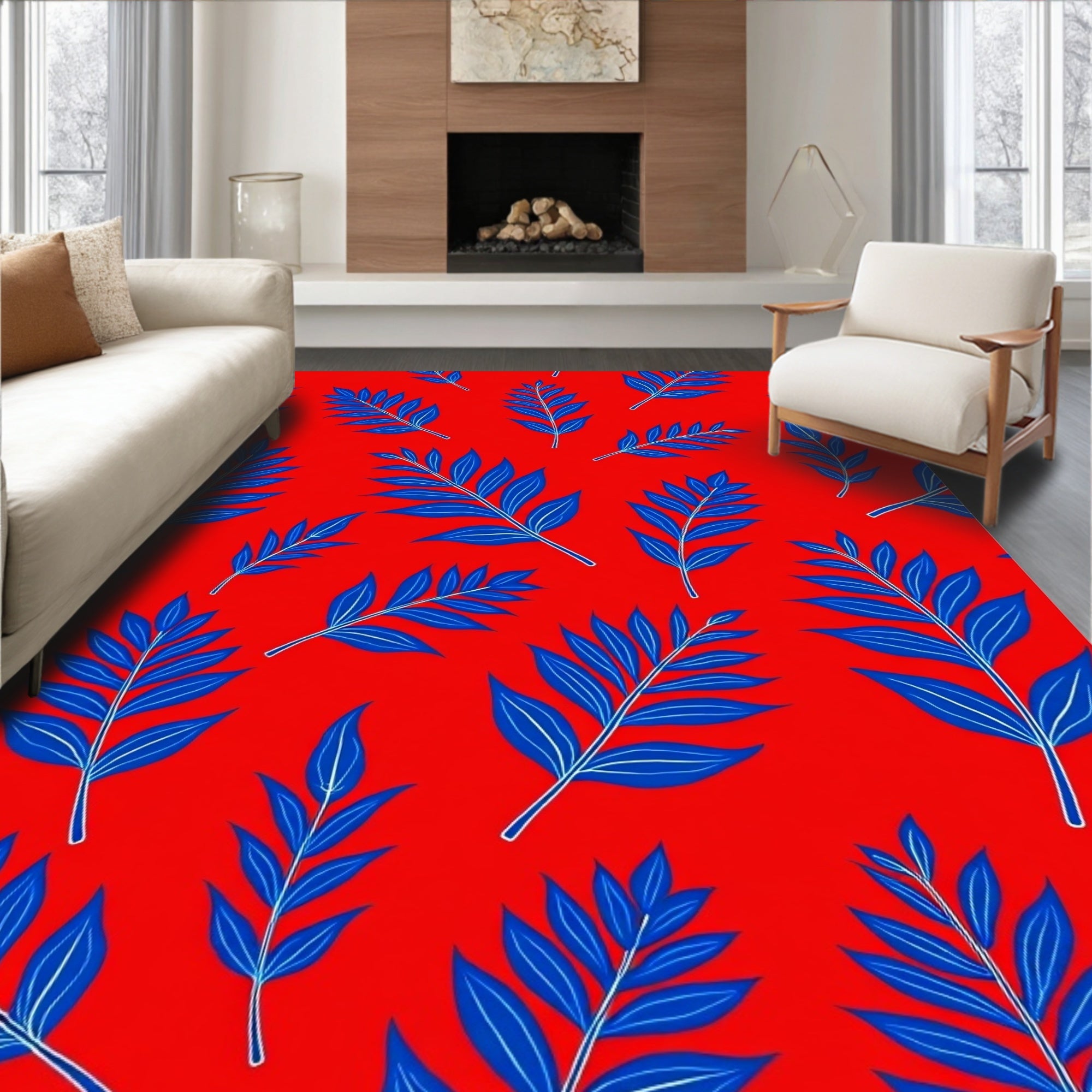 Vibrant Blue Leaf Pattern Rug