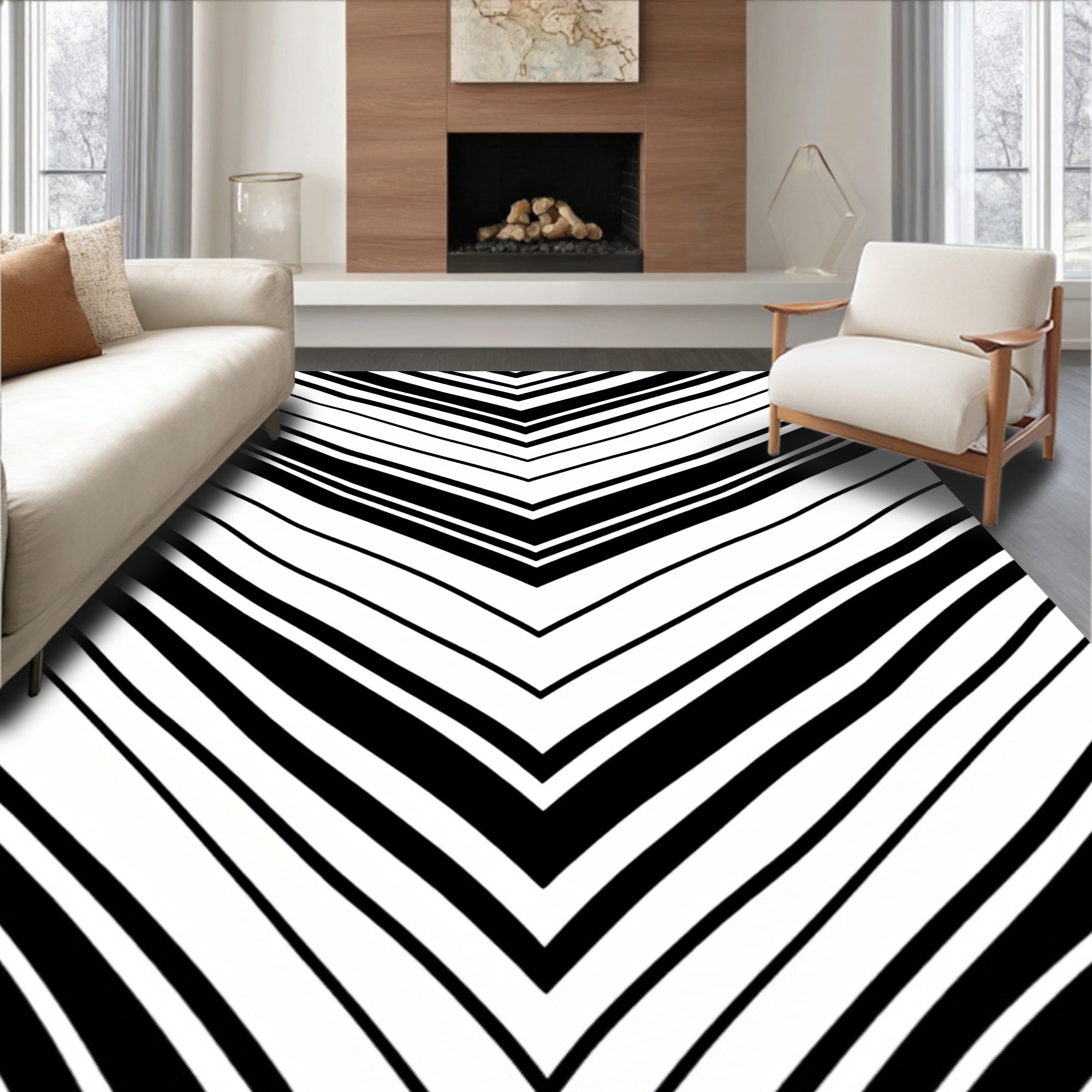 Bold Black White Chevron Pattern Rug