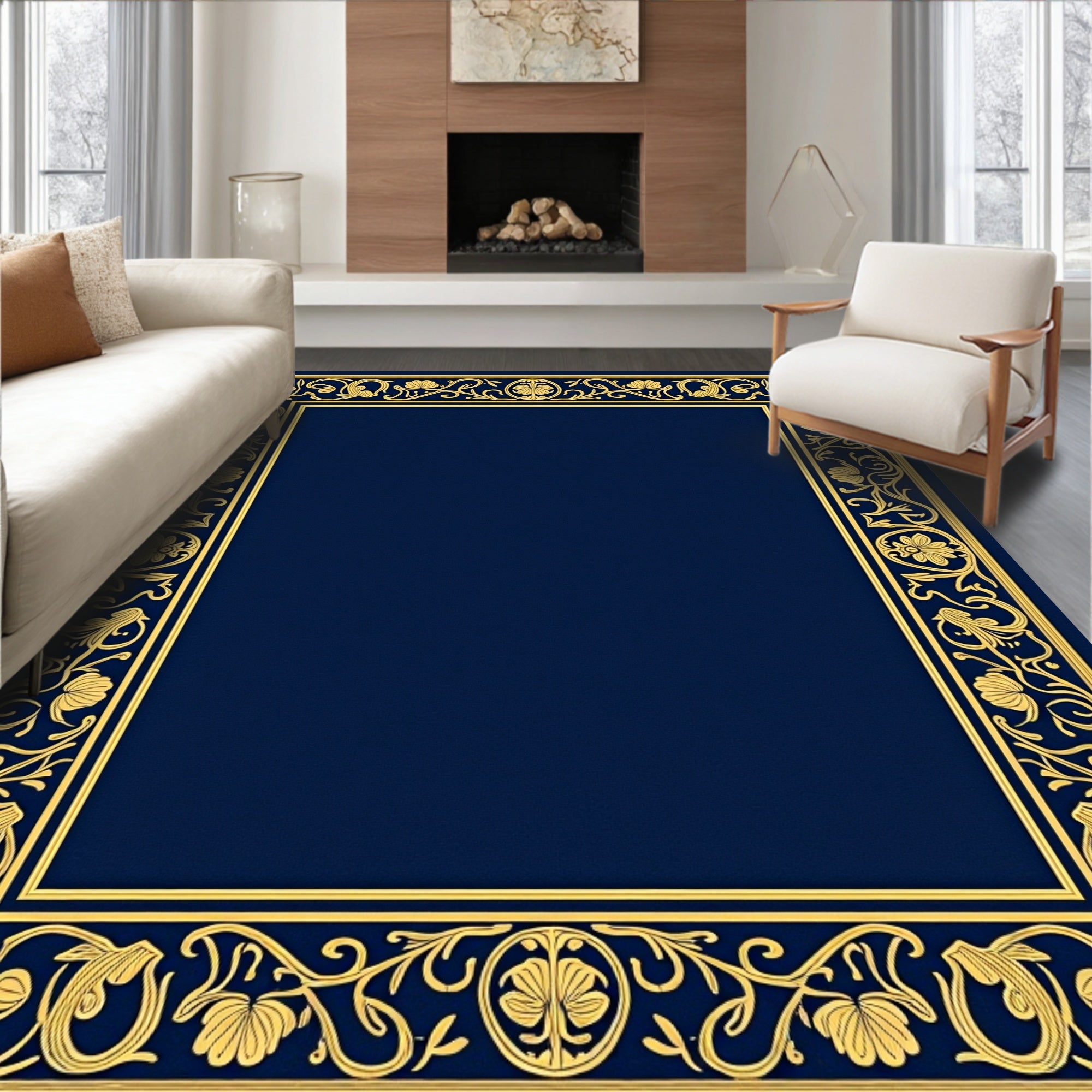 Ornate Floral Scrollwork Border Rug